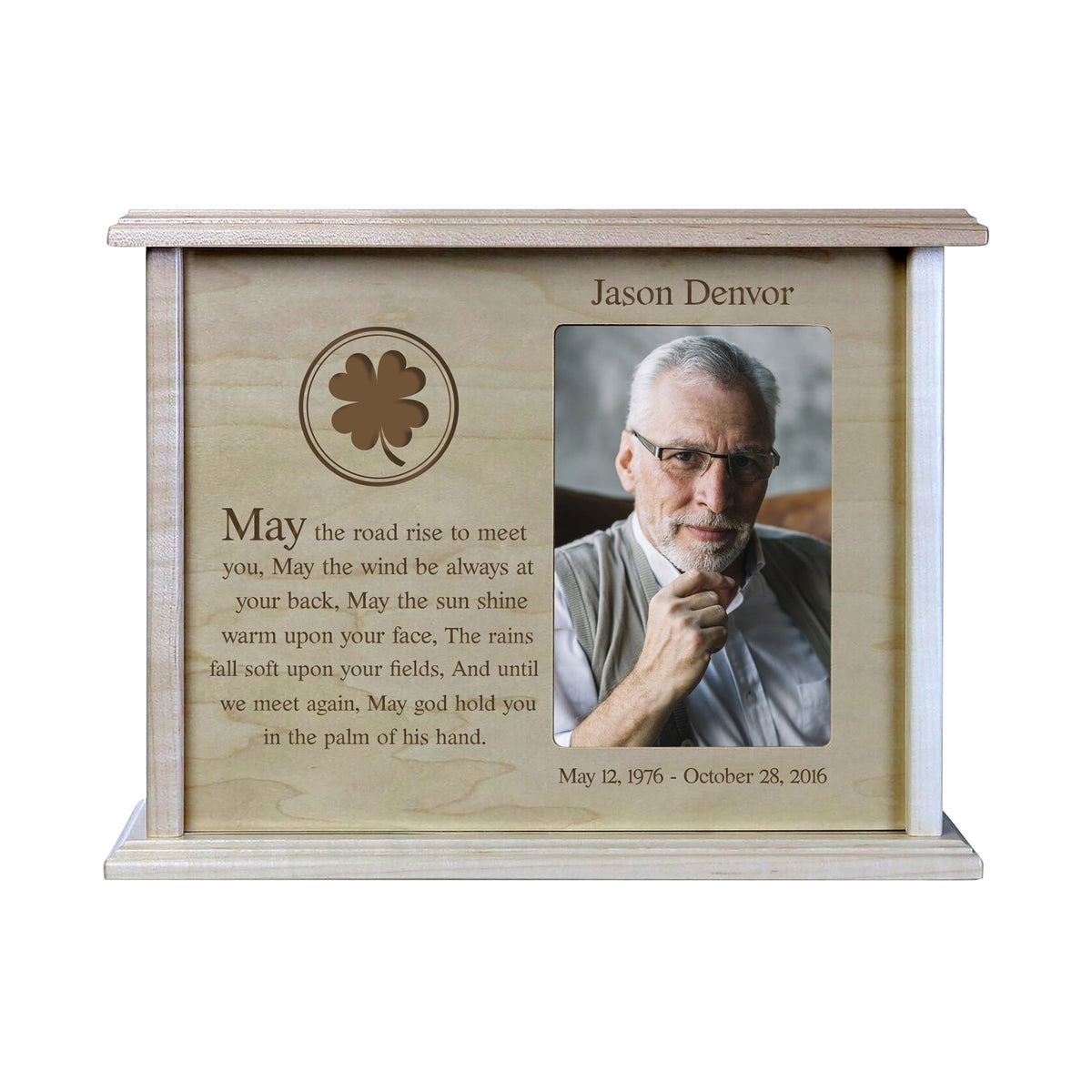 Personalized Memorial Cremation Wooden Urn Box with 4x6 Photo holds 200 cu in May The Road Rise - LifeSong Milestones