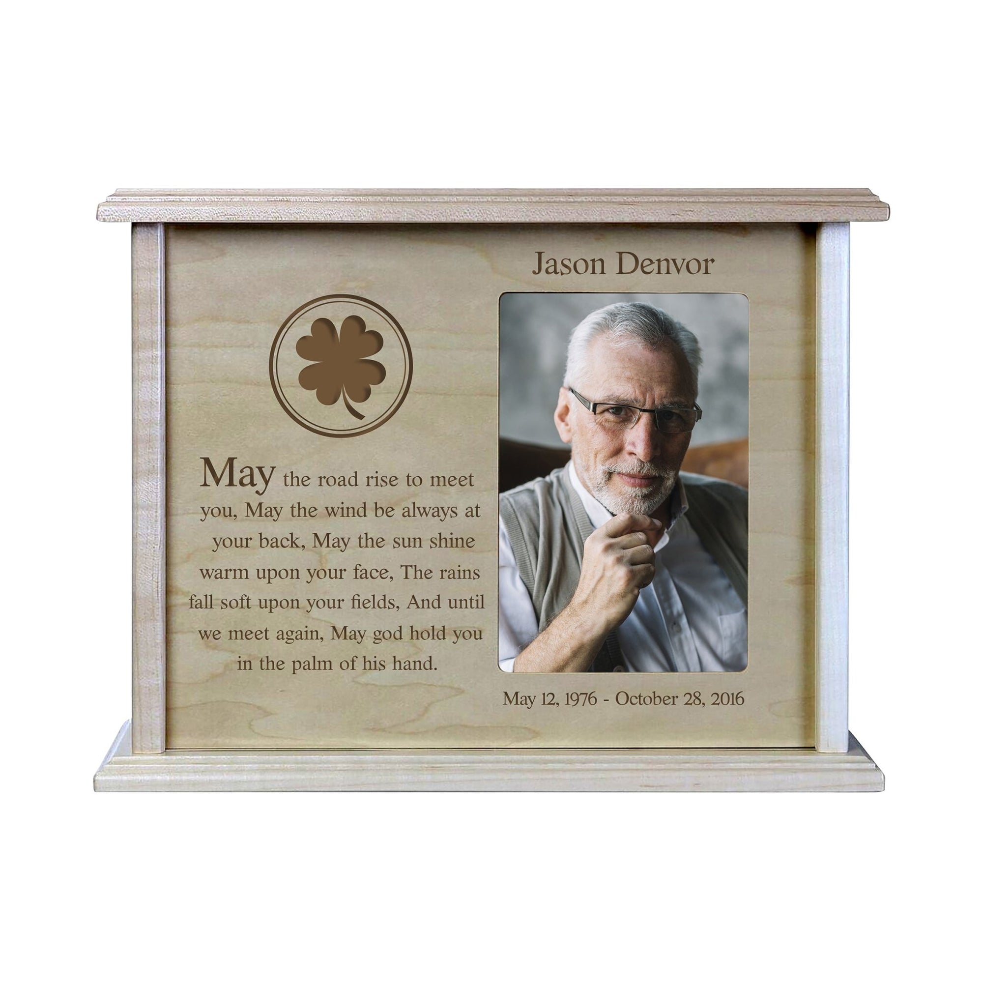 Personalized Memorial Cremation Wooden Urn Box with 4x6 Photo holds 200 cu in May The Road Rise - LifeSong Milestones