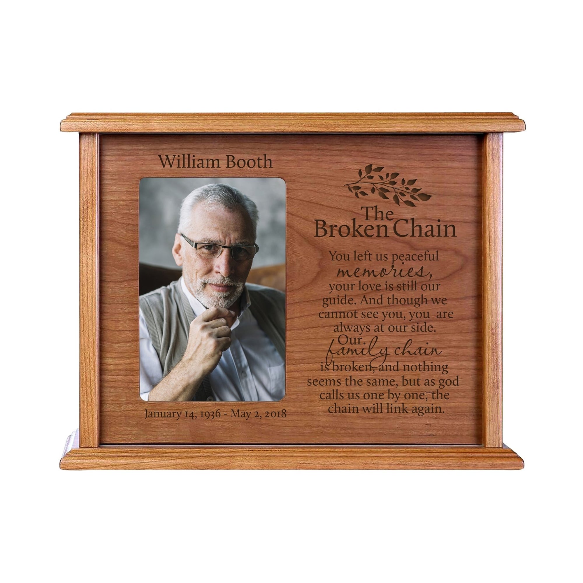 Personalized Memorial Cremation Wooden Urn Box with 4x6 Photo holds 200 cu in The Broken Chain - LifeSong Milestones