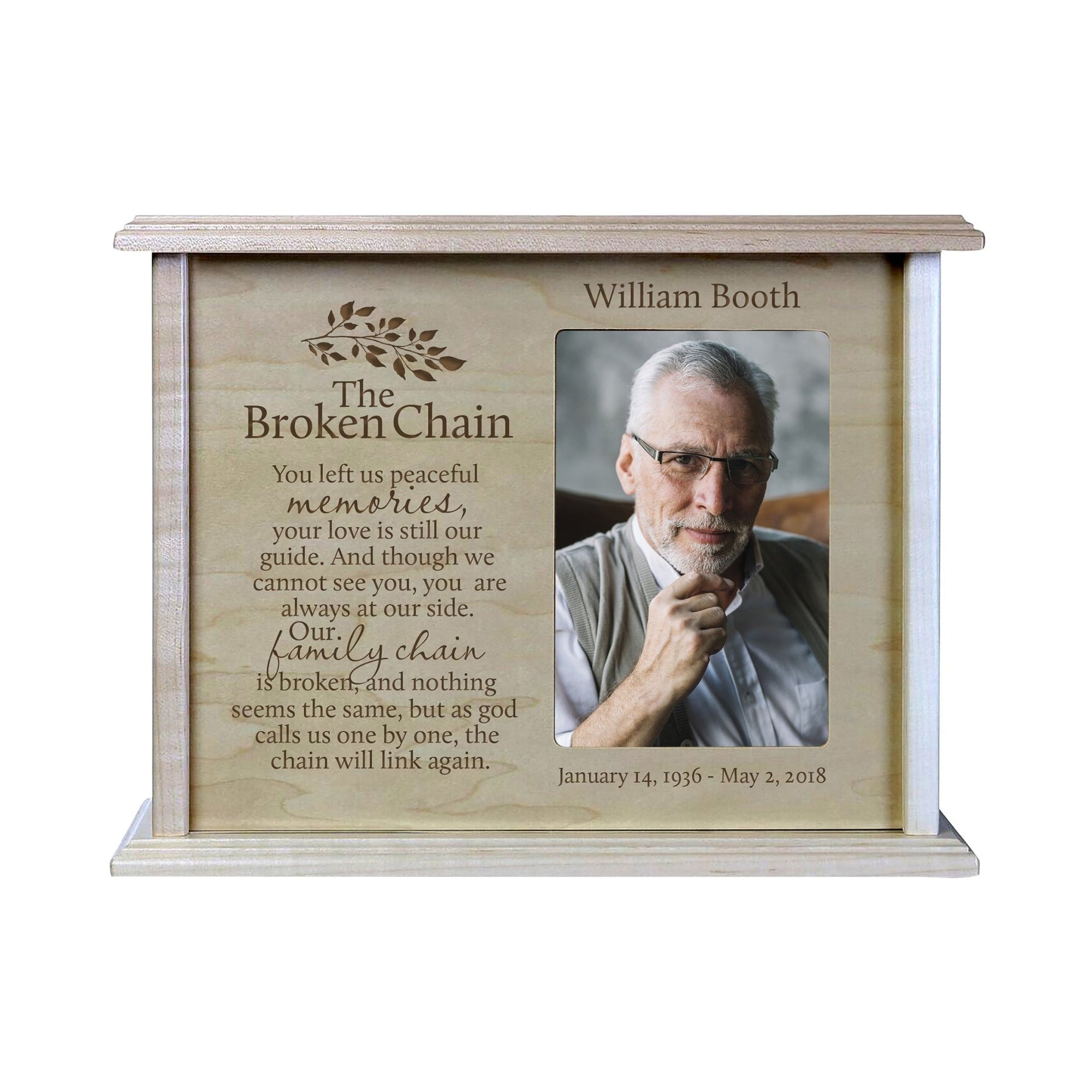 Personalized Memorial Cremation Wooden Urn Box with 4x6 Photo holds 200 cu in The Broken Chain - LifeSong Milestones
