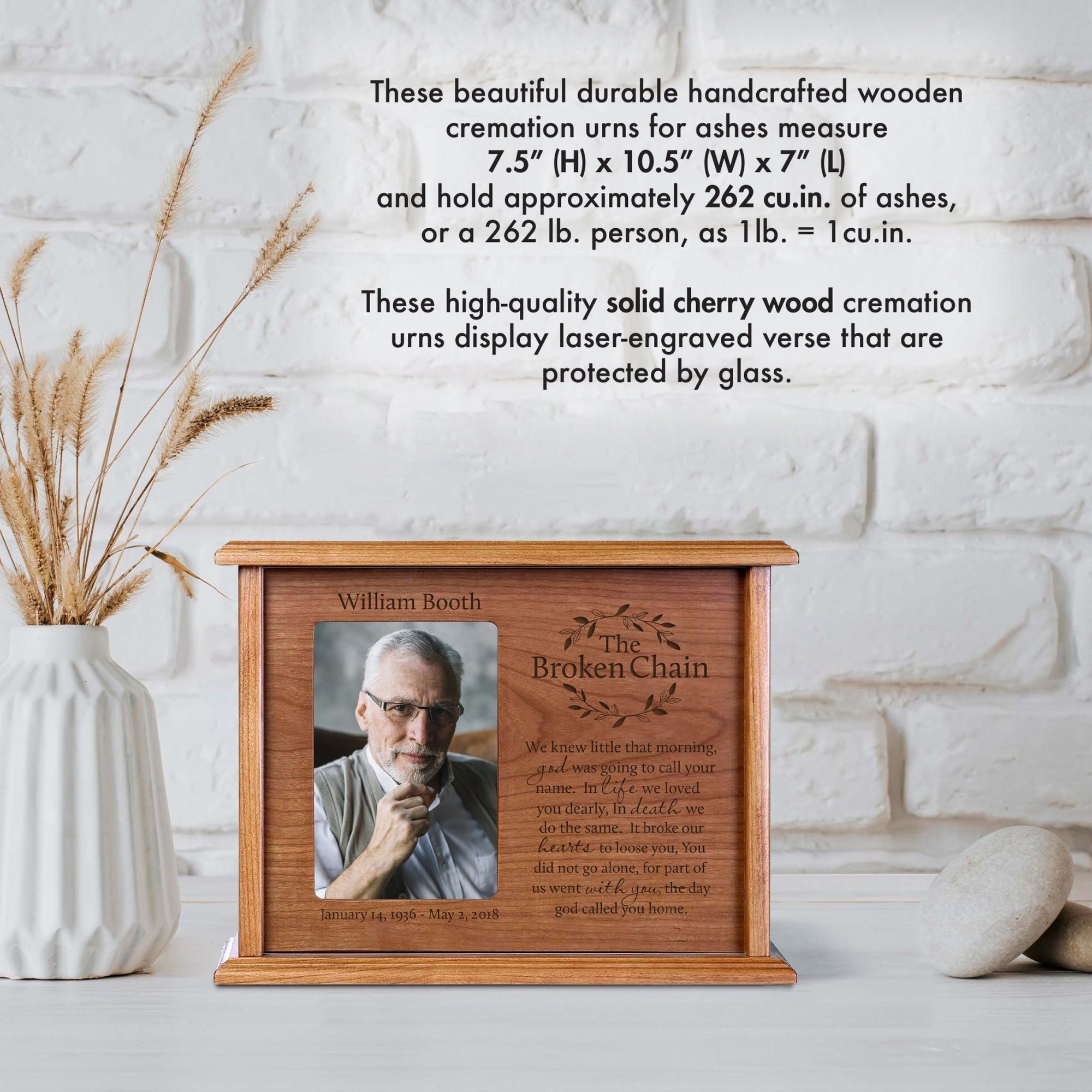 Personalized Memorial Cremation Wooden Urn Box with 4x6 Photo holds 200 cu in The Broken Chain (wreath) - LifeSong Milestones
