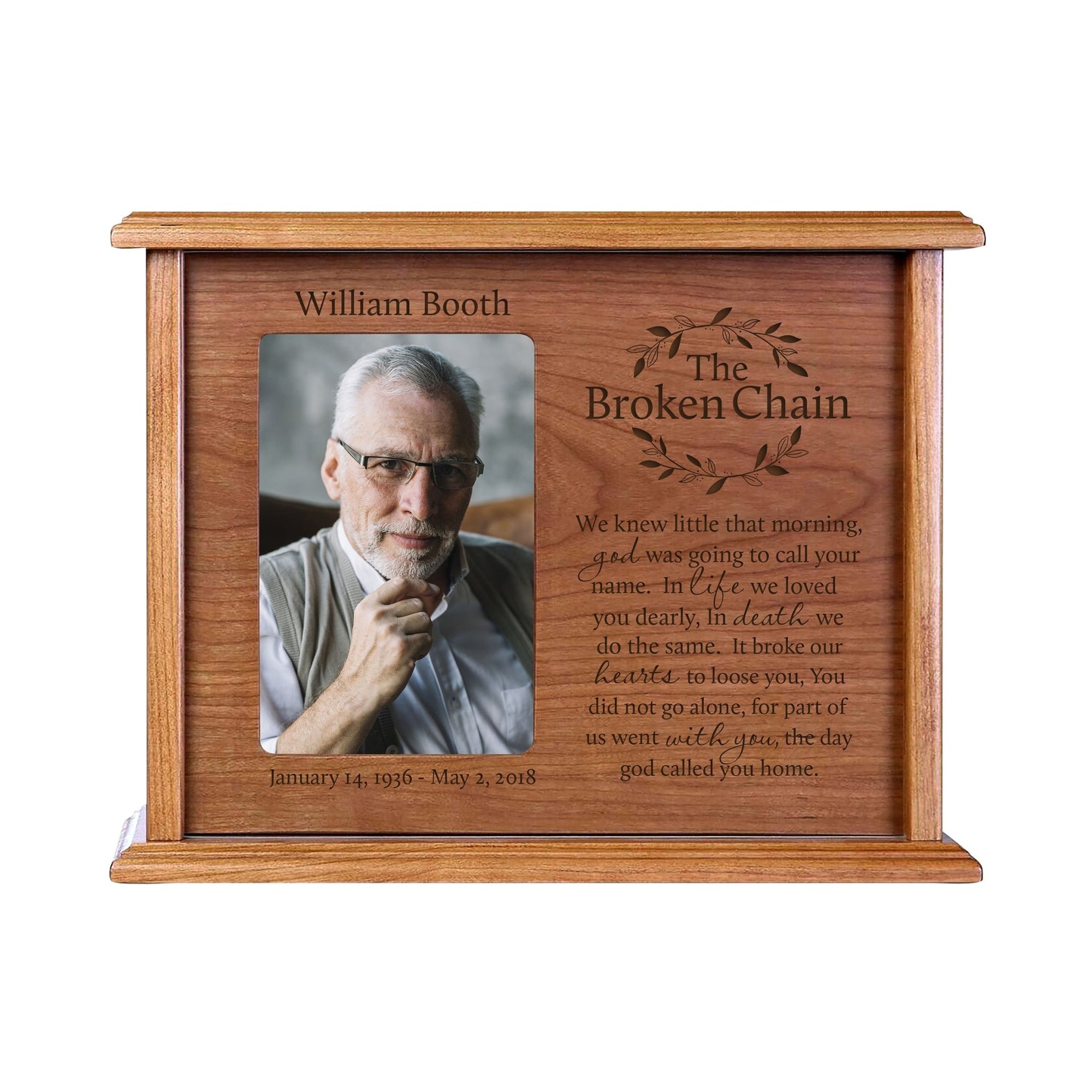 Personalized Memorial Cremation Wooden Urn Box with 4x6 Photo holds 200 cu in The Broken Chain (wreath) - LifeSong Milestones