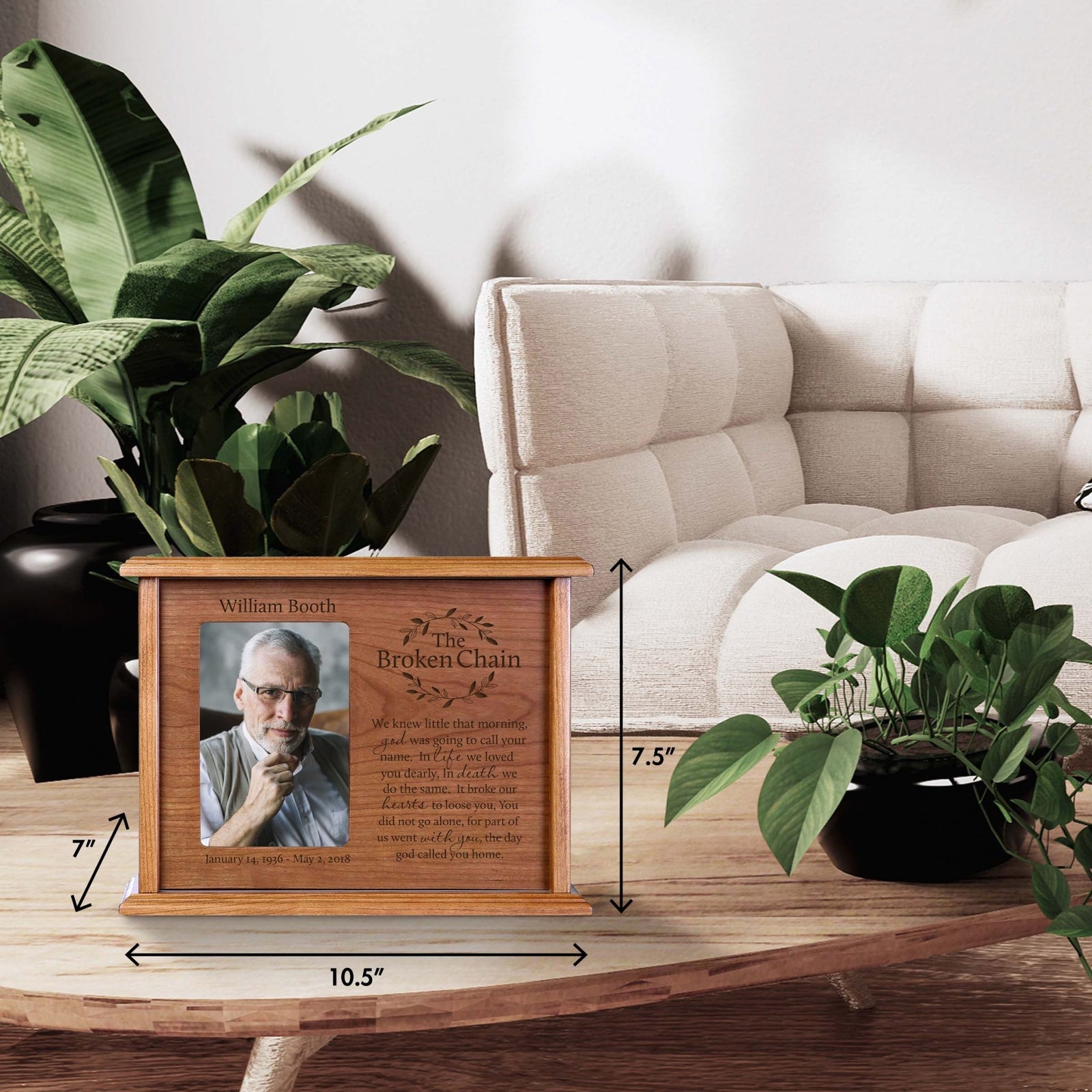 Personalized Memorial Cremation Wooden Urn Box with 4x6 Photo holds 200 cu in The Broken Chain (wreath) - LifeSong Milestones
