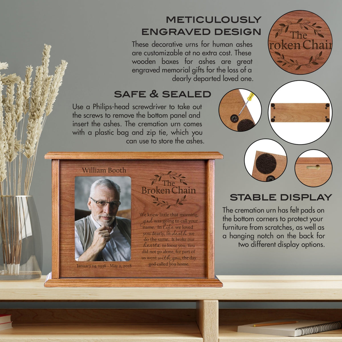 Personalized Memorial Cremation Wooden Urn Box with 4x6 Photo holds 200 cu in The Broken Chain (wreath) - LifeSong Milestones