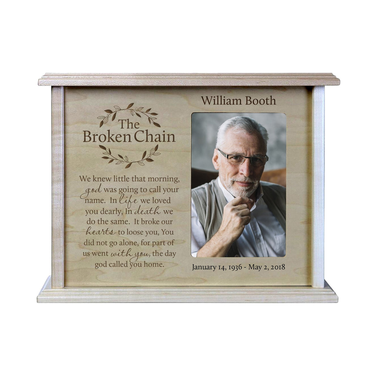 Personalized Memorial Cremation Wooden Urn Box with 4x6 Photo holds 200 cu in The Broken Chain (wreath) - LifeSong Milestones