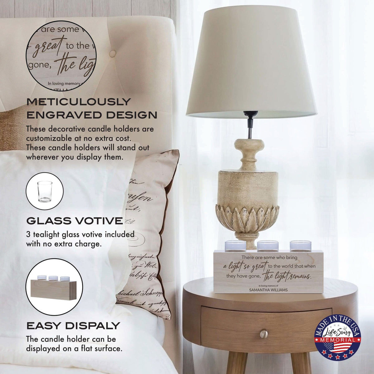 Personalized Memorial Decorative Table & Countertop 3 Votive Tealight Candle Holder Sympathy Gift - The Light Remains - LifeSong Milestones