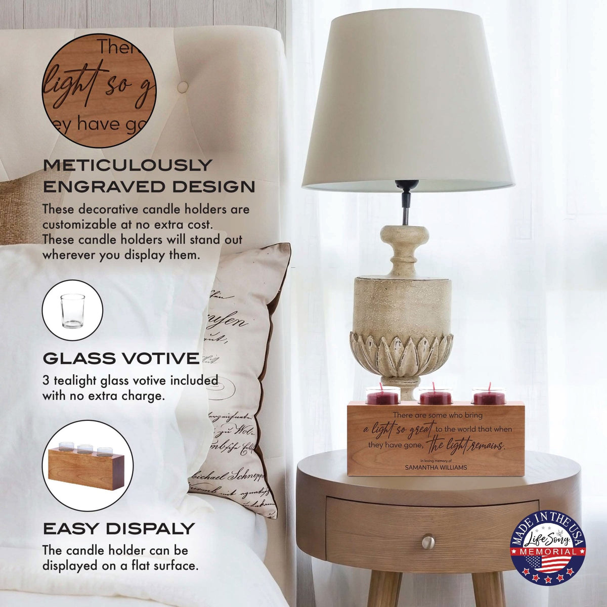 Personalized Memorial Decorative Table & Countertop 3 Votive Tealight Candle Holder Sympathy Gift - The Light Remains - LifeSong Milestones