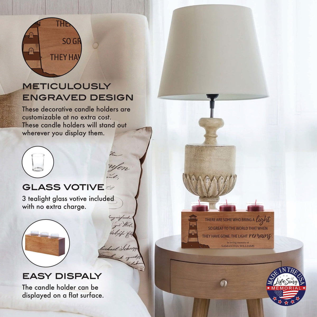 Personalized Memorial Decorative Table & Countertop 3 Votive Tealight Candle Holder Sympathy Gift - The Light Remains - LifeSong Milestones