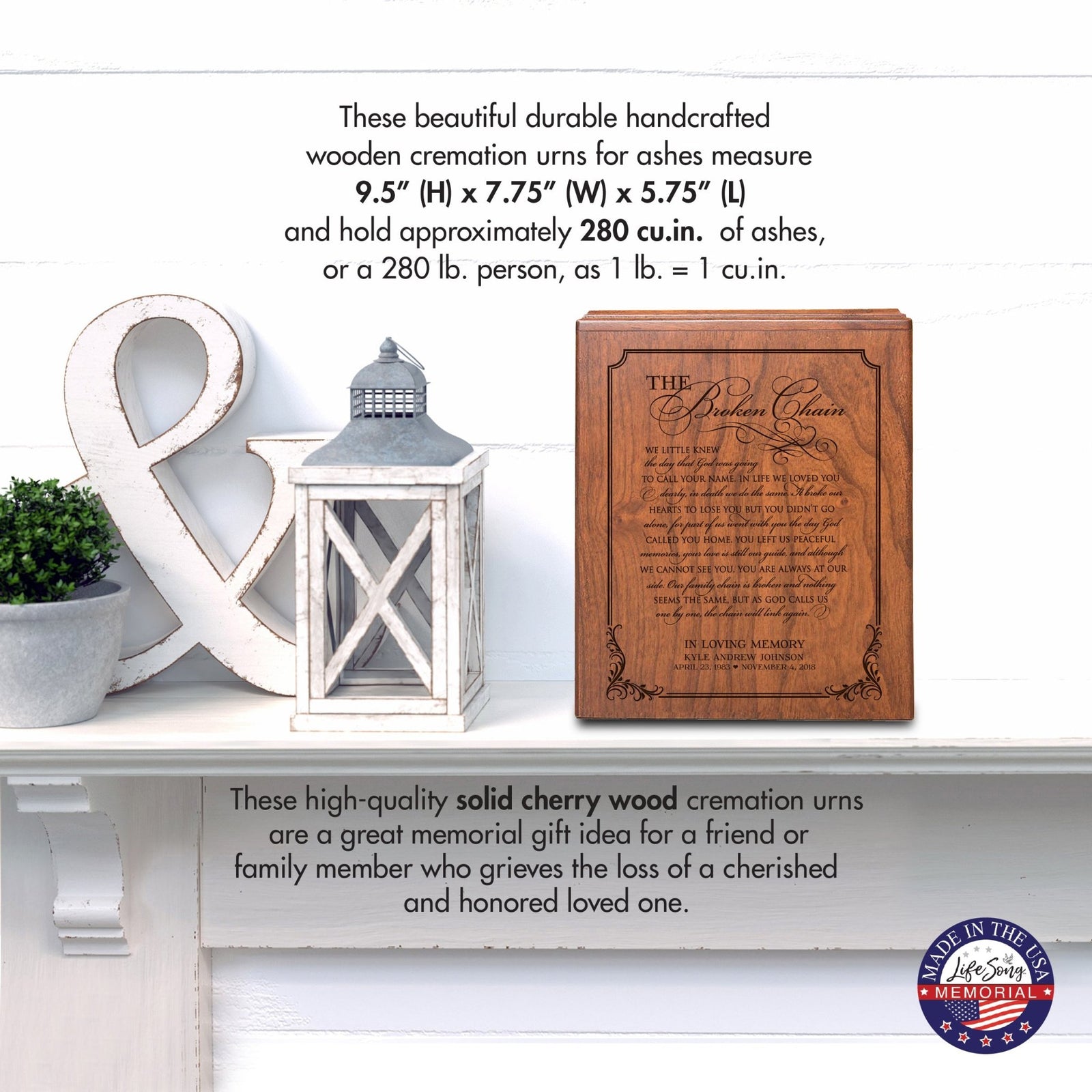 Personalized Memorial Horizontal Cremation Urn For Adult Ashes - The Broken Chain - LifeSong Milestones