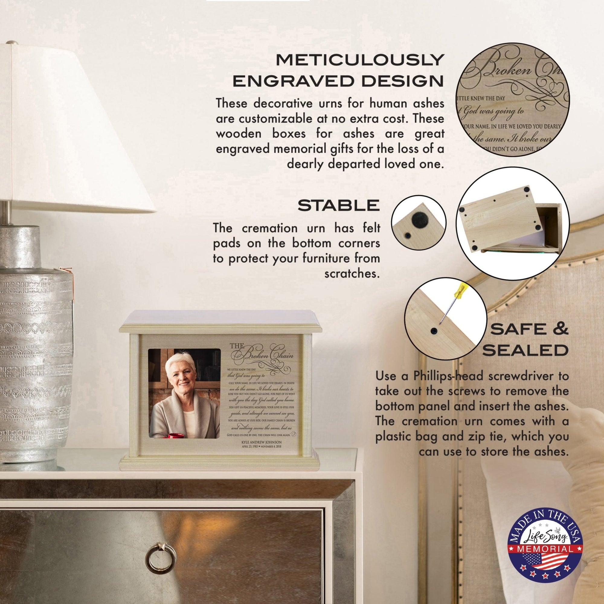 Personalized Memorial Horizontal Cremation Urn For Adult Ashes - The Broken Chain - LifeSong Milestones