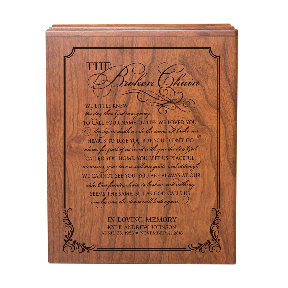 Personalized Memorial Horizontal Cremation Urn For Adult Ashes - The Broken Chain - LifeSong Milestones
