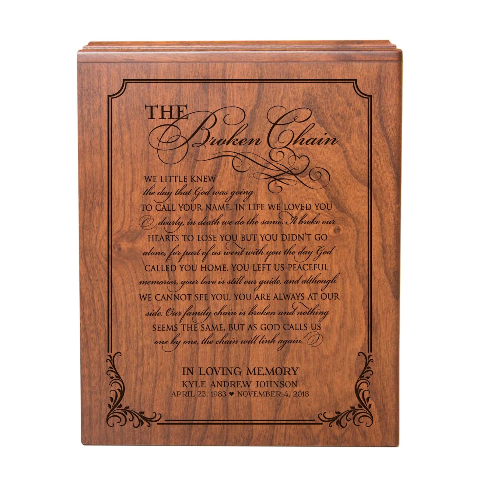 Personalized Memorial Horizontal Cremation Urn For Adult Ashes - The Broken Chain - LifeSong Milestones