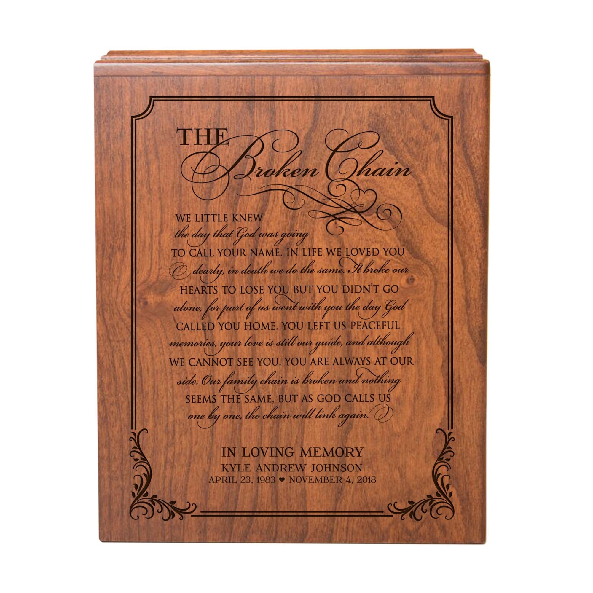 Personalized Memorial Horizontal Cremation Urn For Adult Ashes - The Broken Chain - LifeSong Milestones