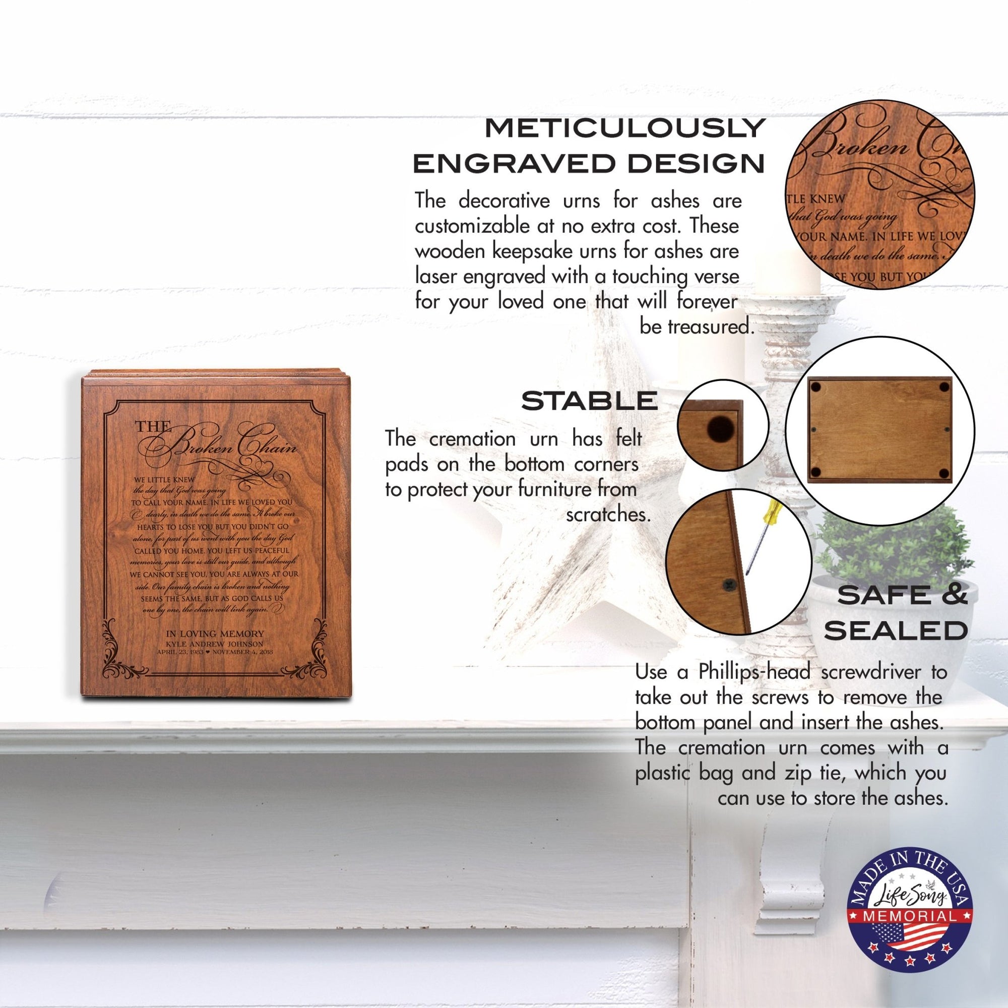 Personalized Memorial Horizontal Cremation Urn For Adult Ashes - The Broken Chain - LifeSong Milestones