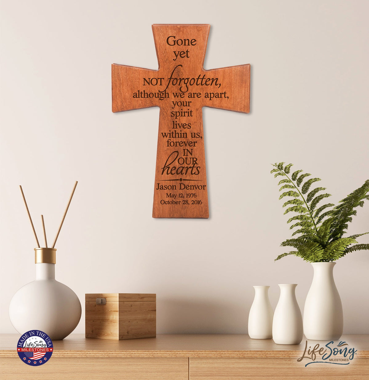 Personalized Memorial Wall Cross 12”x17”- Gone Yet Not Forgotten - LifeSong Milestones
