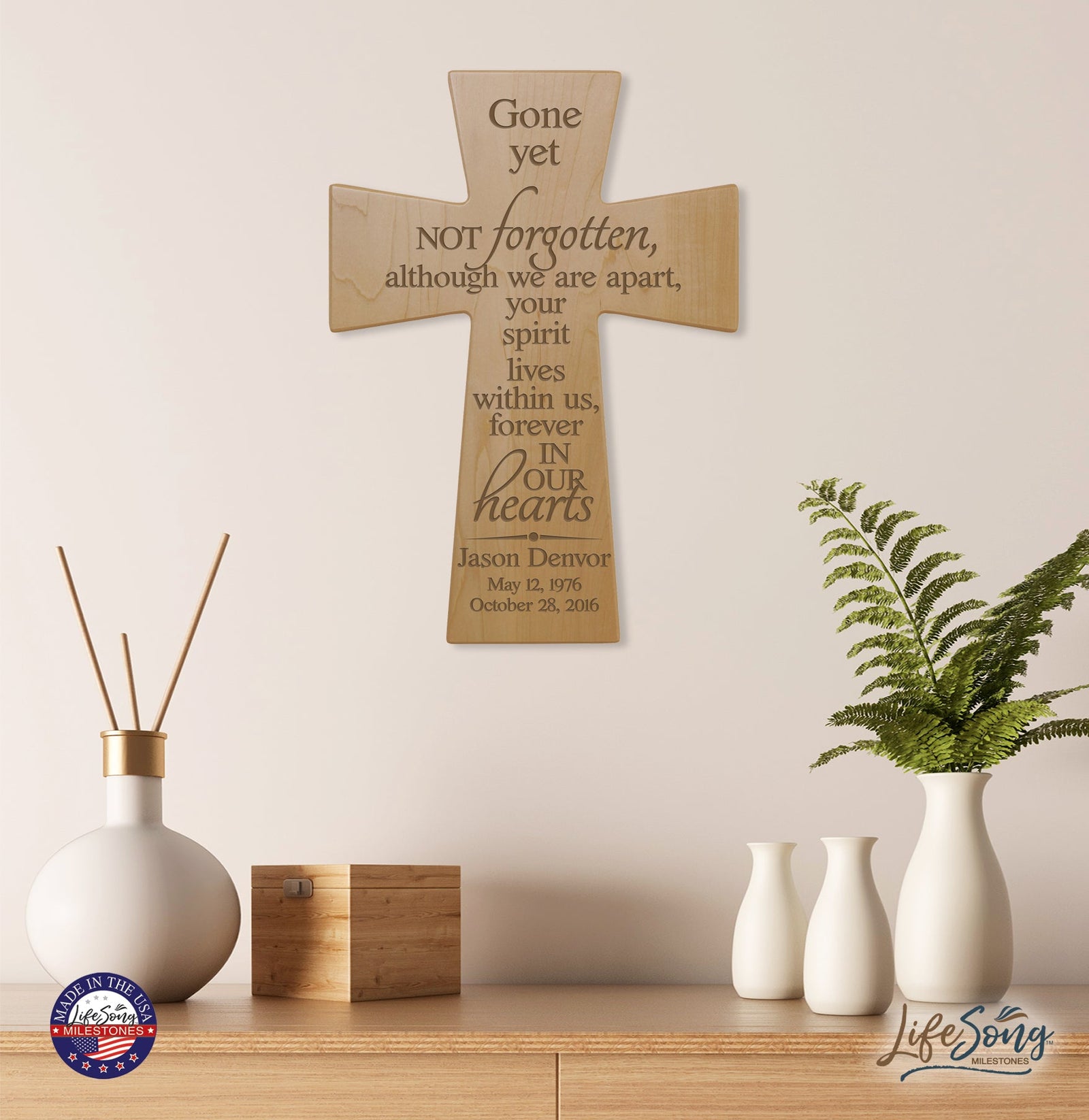 Personalized Memorial Wall Cross 12”x17”- Gone Yet Not Forgotten - LifeSong Milestones