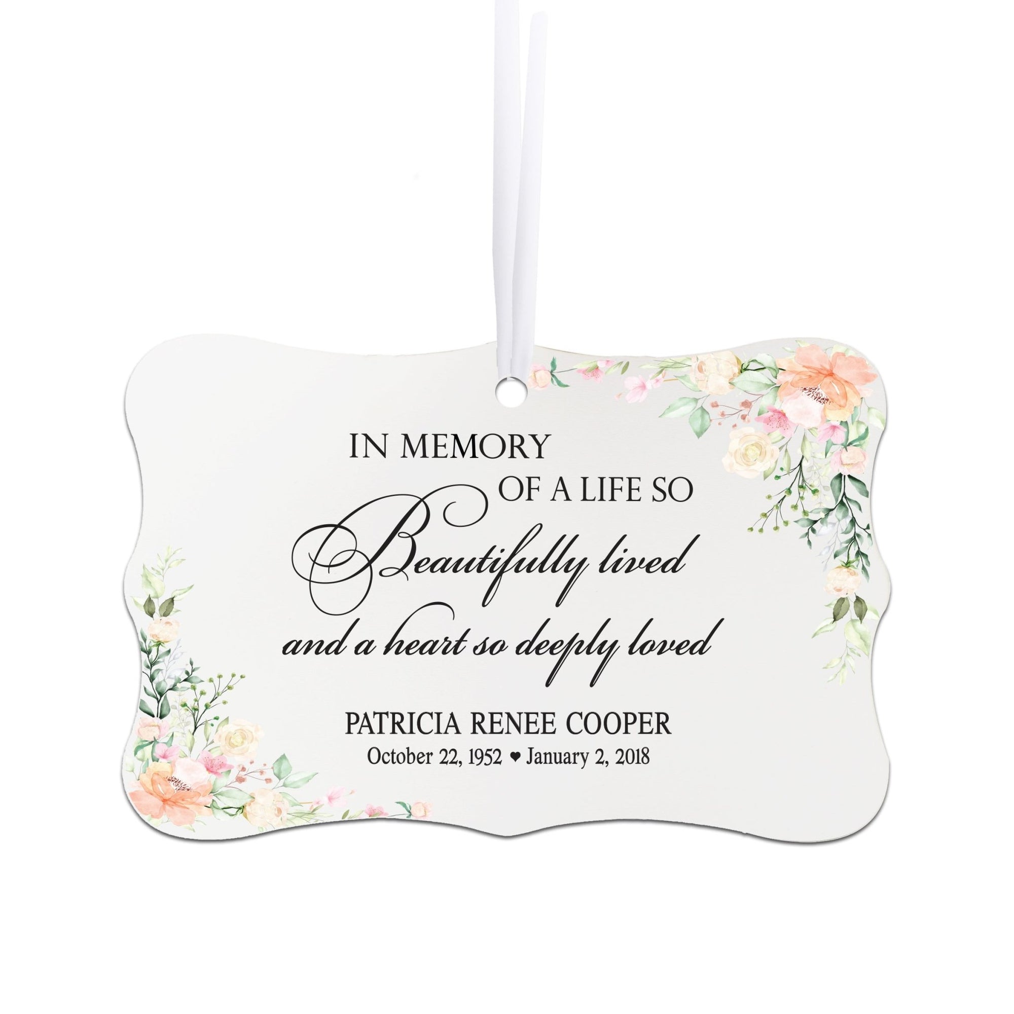 Personalized Memorial White Scalloped Memorial Ornament For The Loss Of Loved One 4x2.5 - Floral - LifeSong Milestones