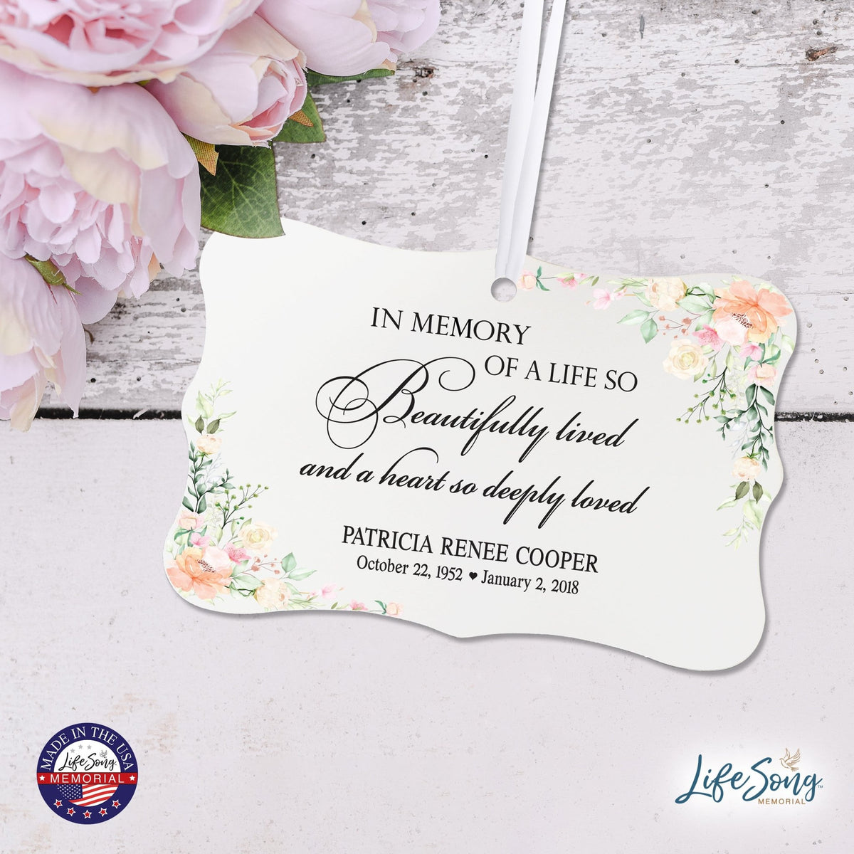 Personalized Memorial White Scalloped Memorial Ornament For The Loss Of Loved One 4x2.5 - Floral - LifeSong Milestones