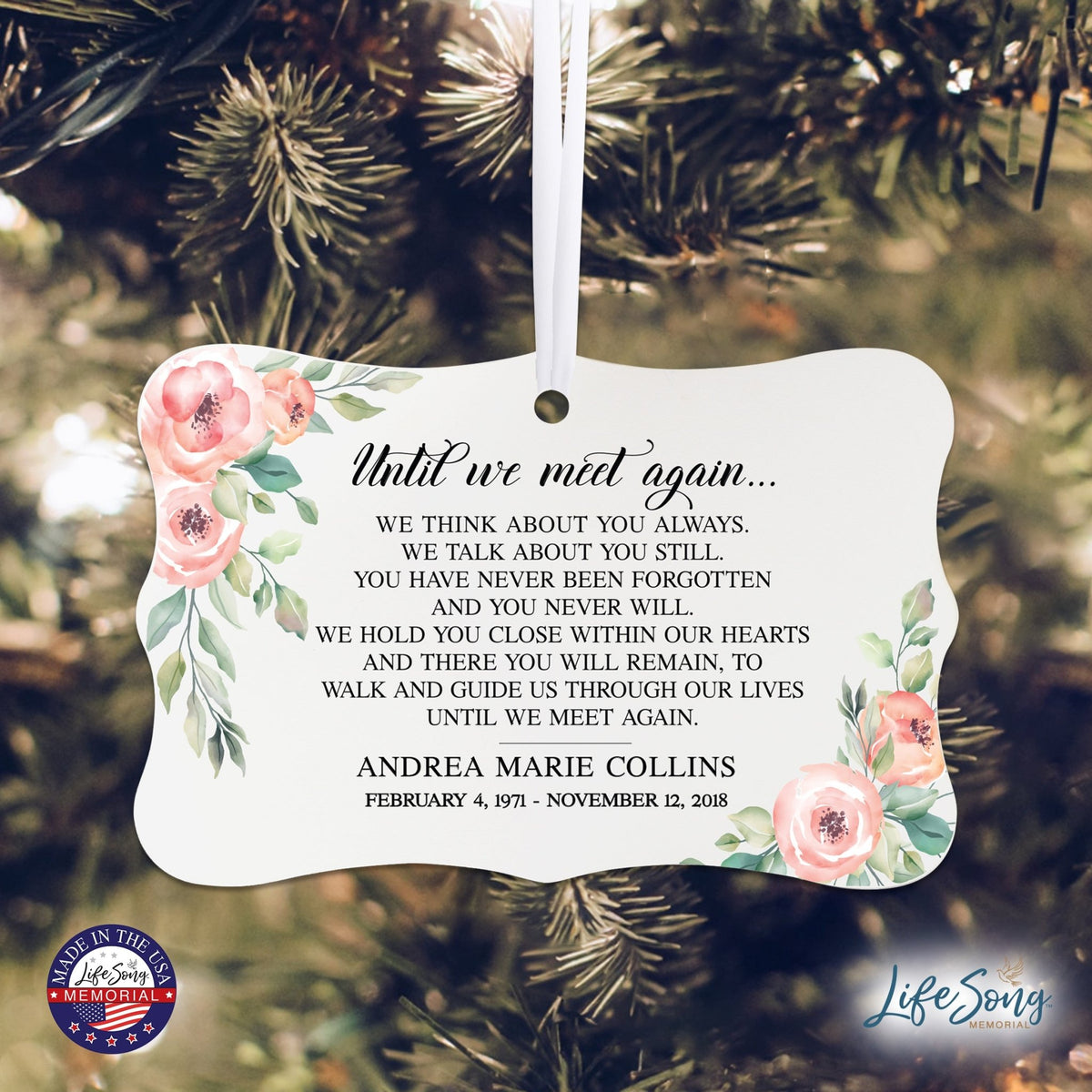 Personalized Memorial White Scalloped Memorial Ornament For The Loss Of Loved One 4x2.5 - Floral - LifeSong Milestones