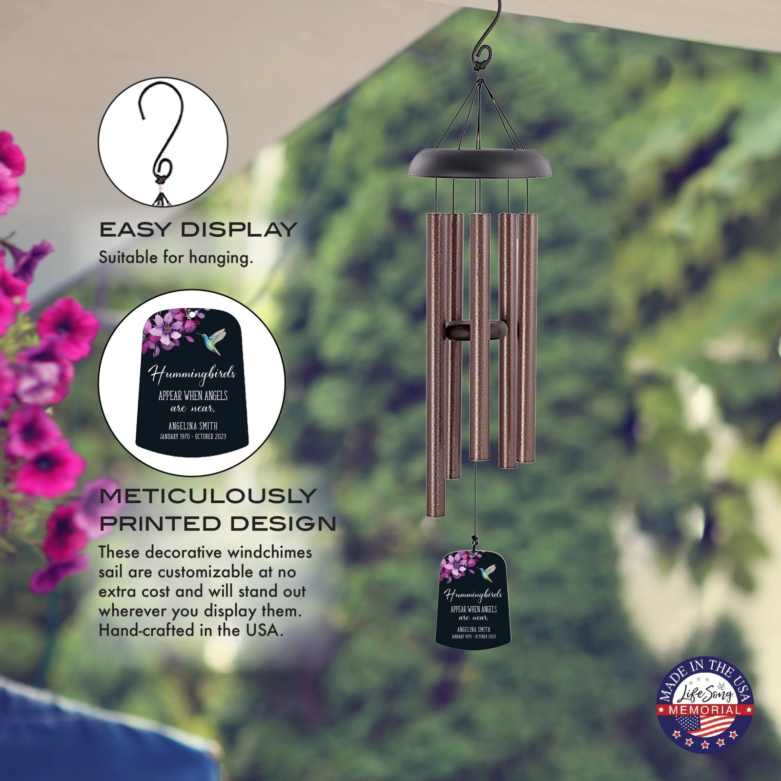 Personalized Memorial Wind Chime Sail Sympathy Gift - Angels Are Near (hummingbirds) - LifeSong Milestones