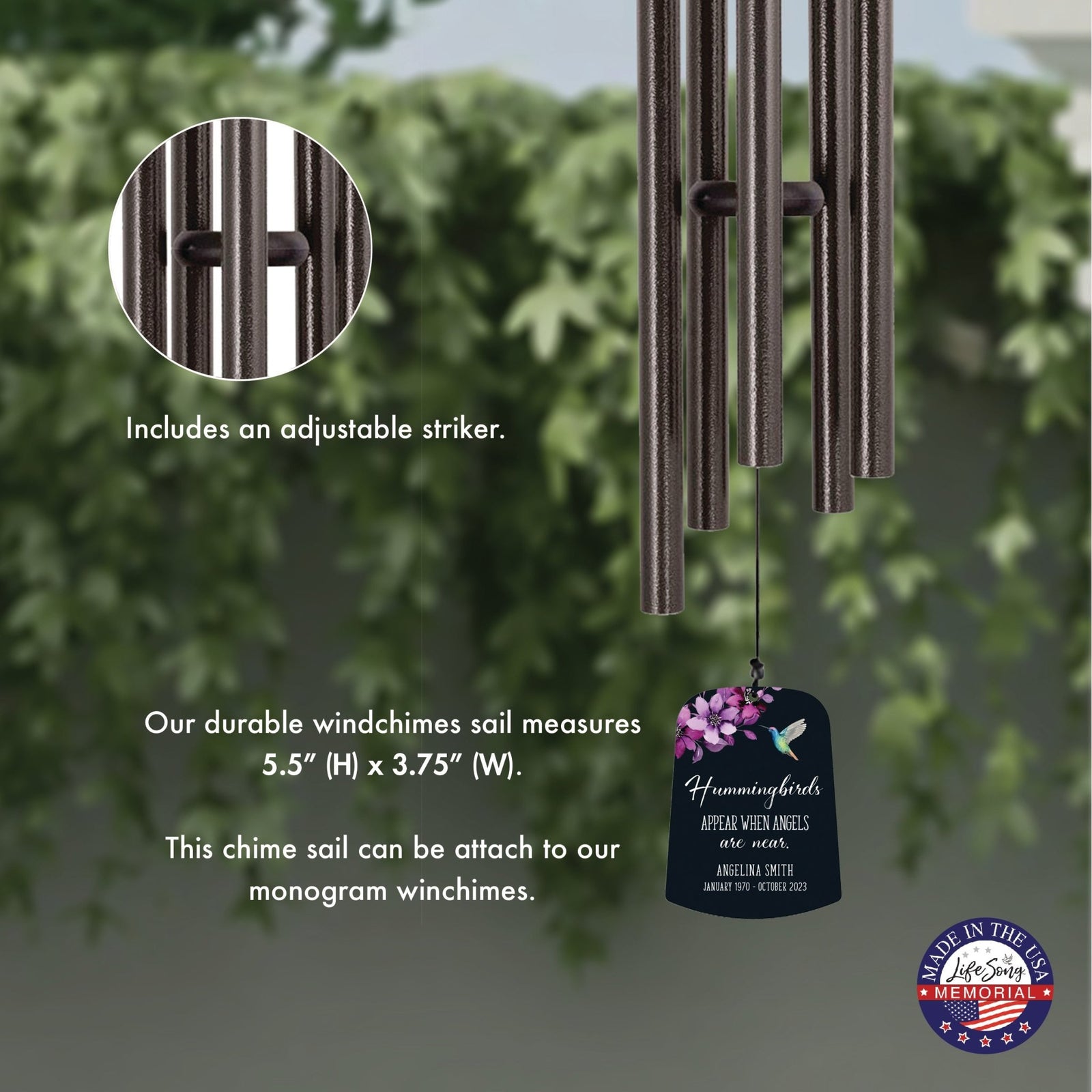 Personalized Memorial Wind Chime Sail Sympathy Gift - Angels Are Near (hummingbirds) - LifeSong Milestones