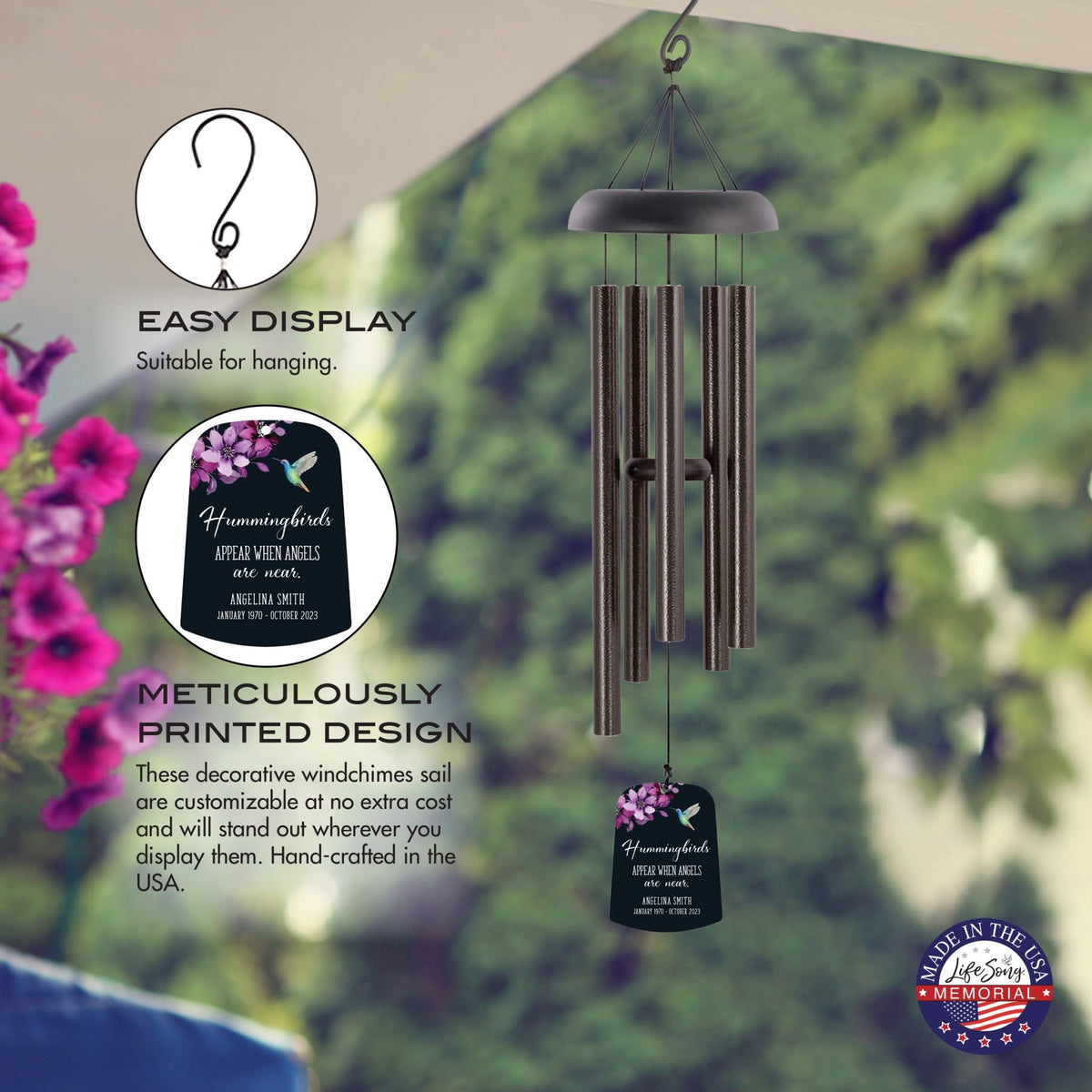 Personalized Memorial Wind Chime Sail Sympathy Gift - Angels Are Near (hummingbirds) - LifeSong Milestones
