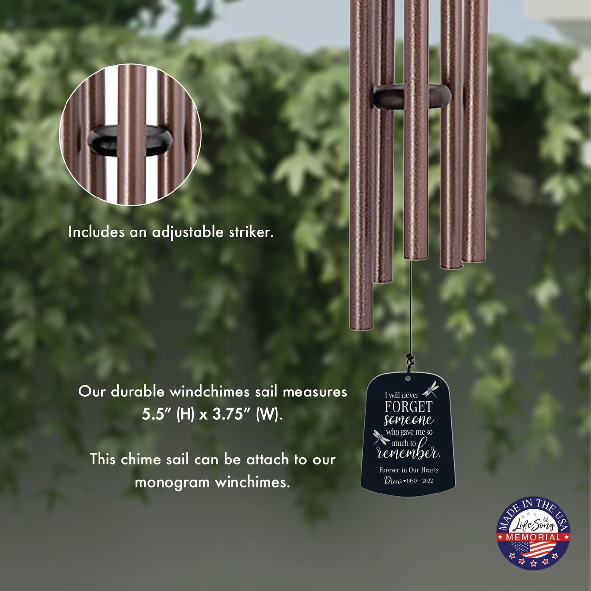 Personalized Memorial Wind Chime Sail Sympathy Gift - I Will Never Forget - LifeSong Milestones