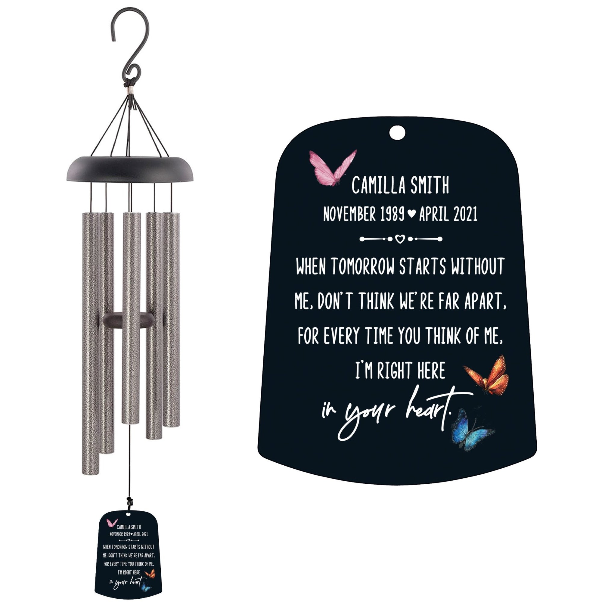 Personalized Memorial Wind Chime Sail Sympathy Gift - When Tomorrow Starts (butterflies) - LifeSong Milestones