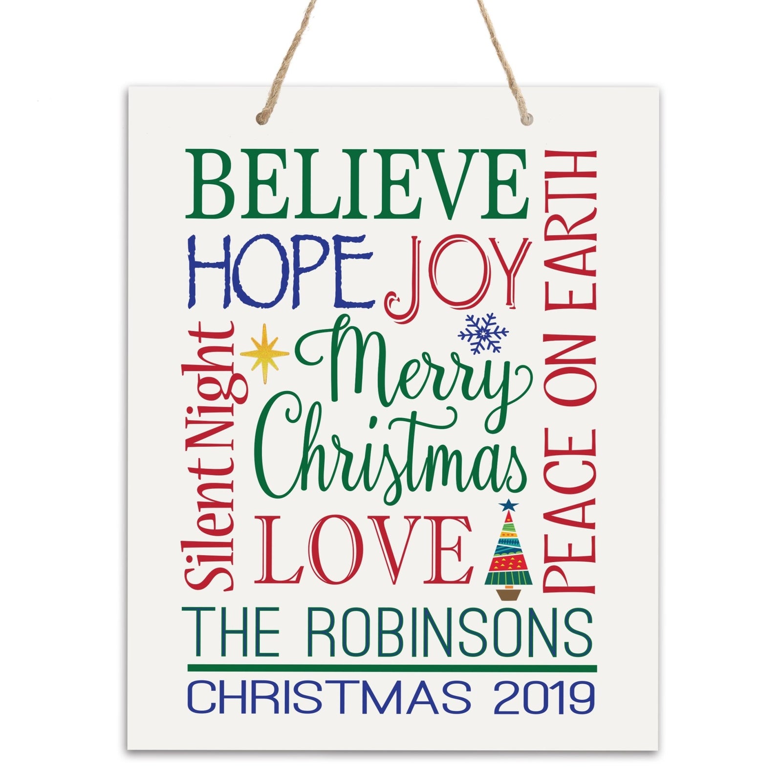 Personalized Merry Christmas Hanging Sign - Believe Hope Joy - LifeSong Milestones