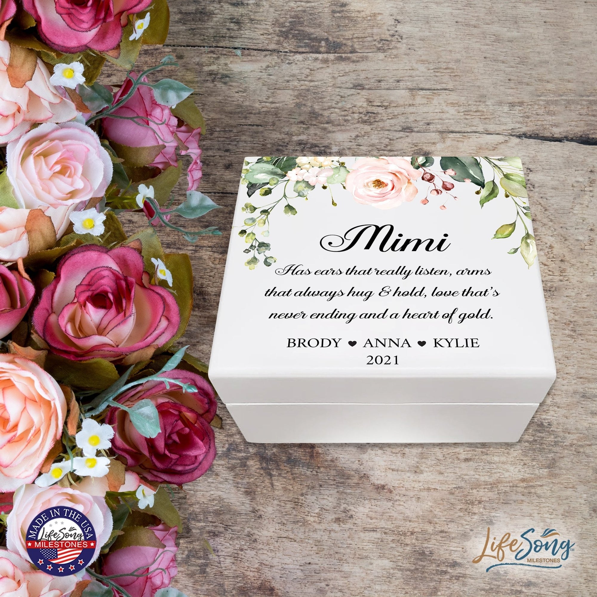 Personalized Mimi’s White Keepsake Box 6x5.5in with Inspirational verse - A Heart Of Gold - LifeSong Milestones