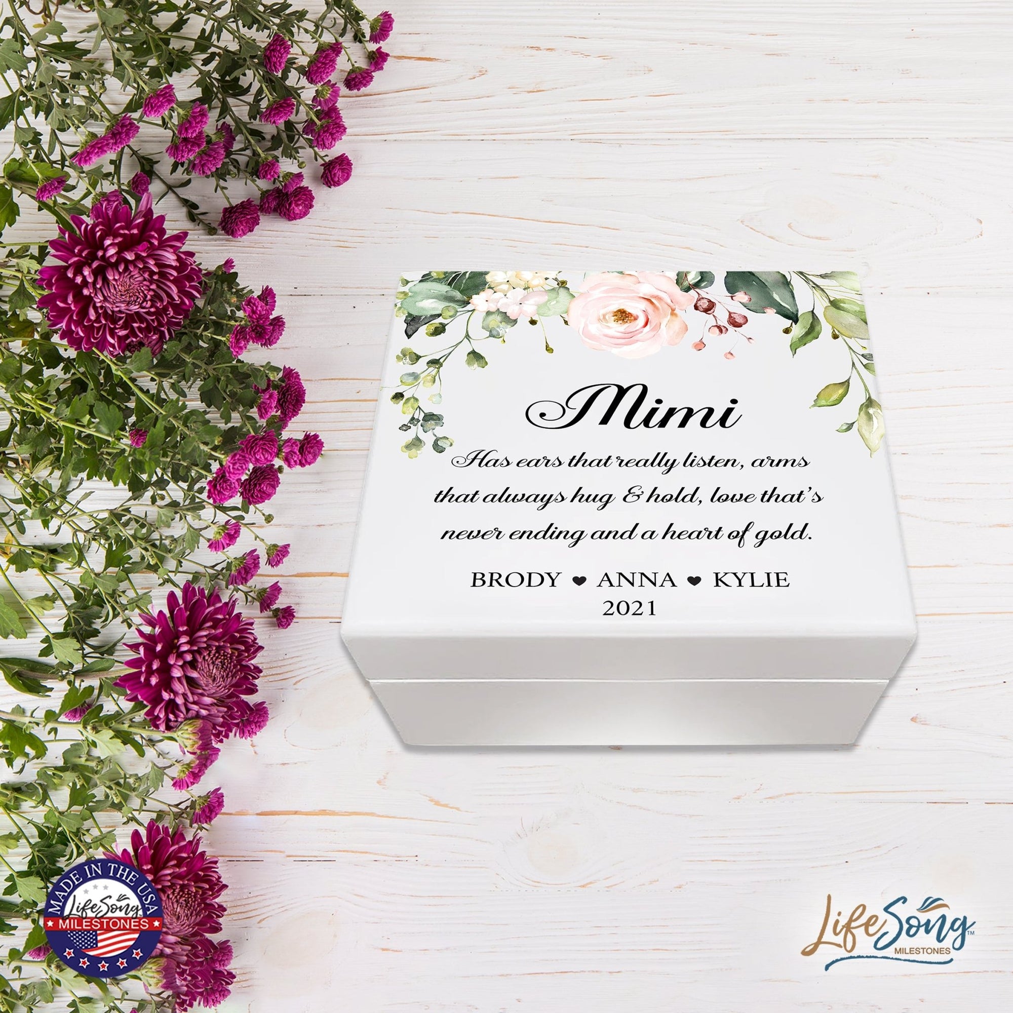 Personalized Mimi’s White Keepsake Box 6x5.5in with Inspirational verse - A Heart Of Gold - LifeSong Milestones