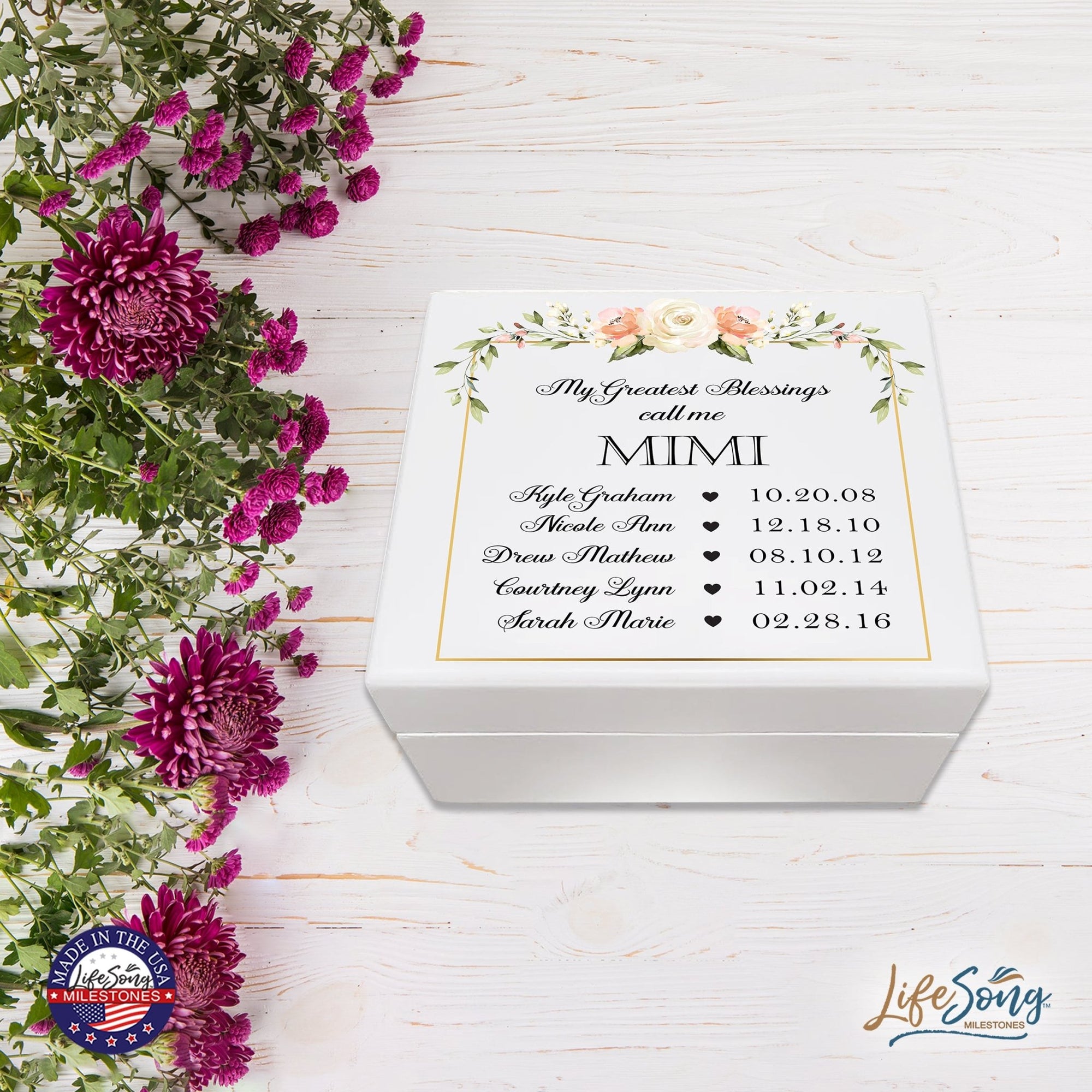 Personalized Mimi’s White Keepsake Box 6x5.5in with Inspirational verse - Greatest Blessings - LifeSong Milestones