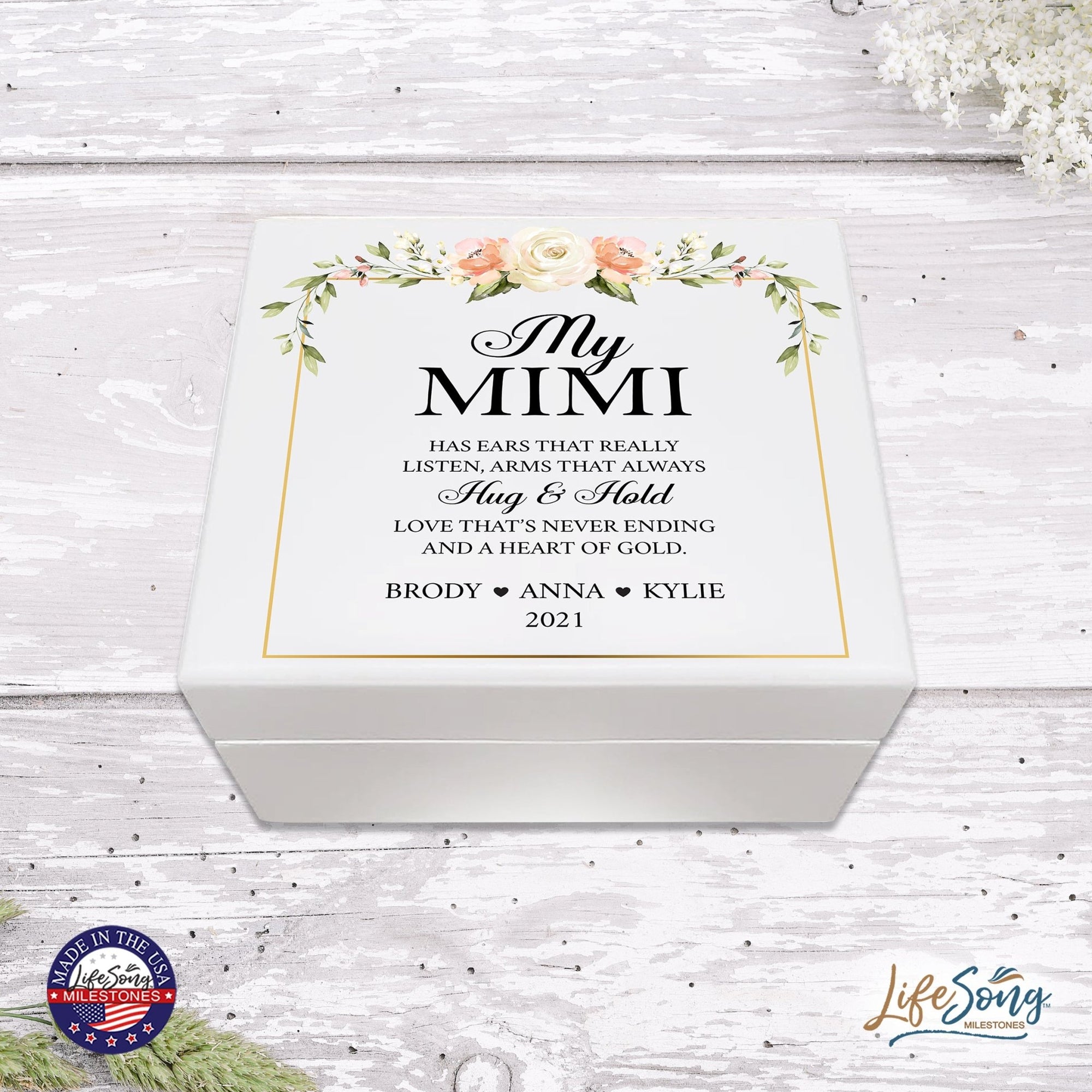 Personalized Mimi’s White Keepsake Box 6x5.5in with Inspirational verse - Hug and Hold - LifeSong Milestones