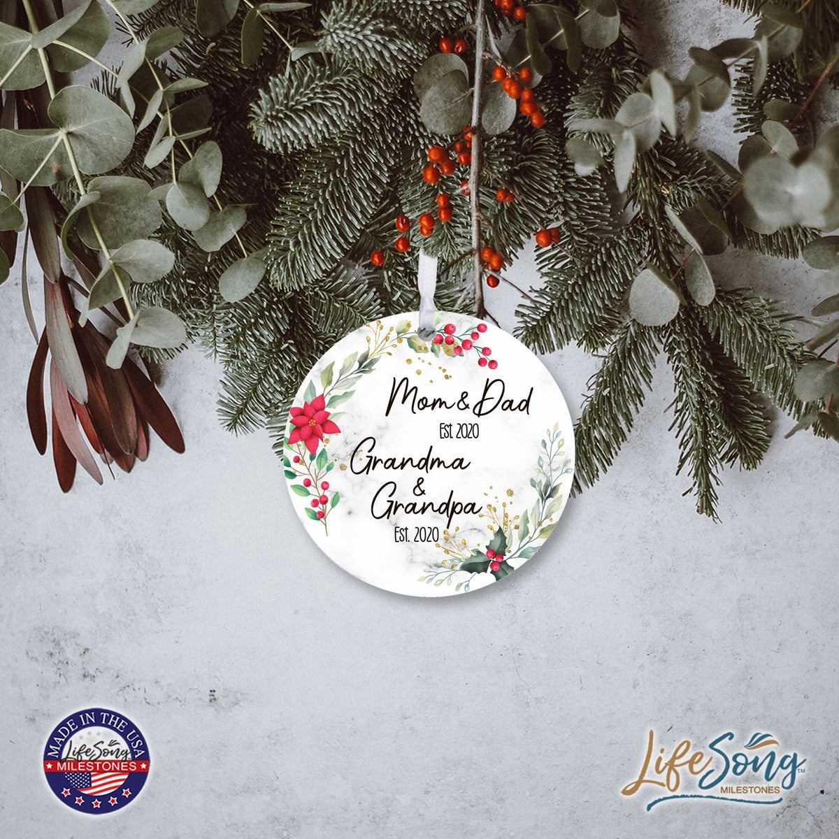 Personalized Modern 2.75in Christmas Round White Ornament for Grandparents - Mom & Dad - LifeSong Milestones