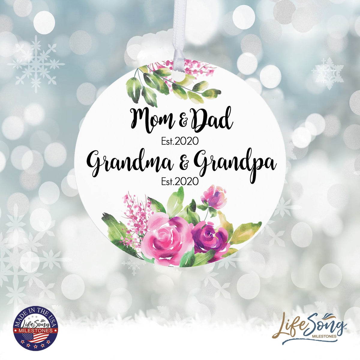 Personalized Modern 2.75in Christmas Round White Ornament for Grandparents - Mom & Dad - LifeSong Milestones
