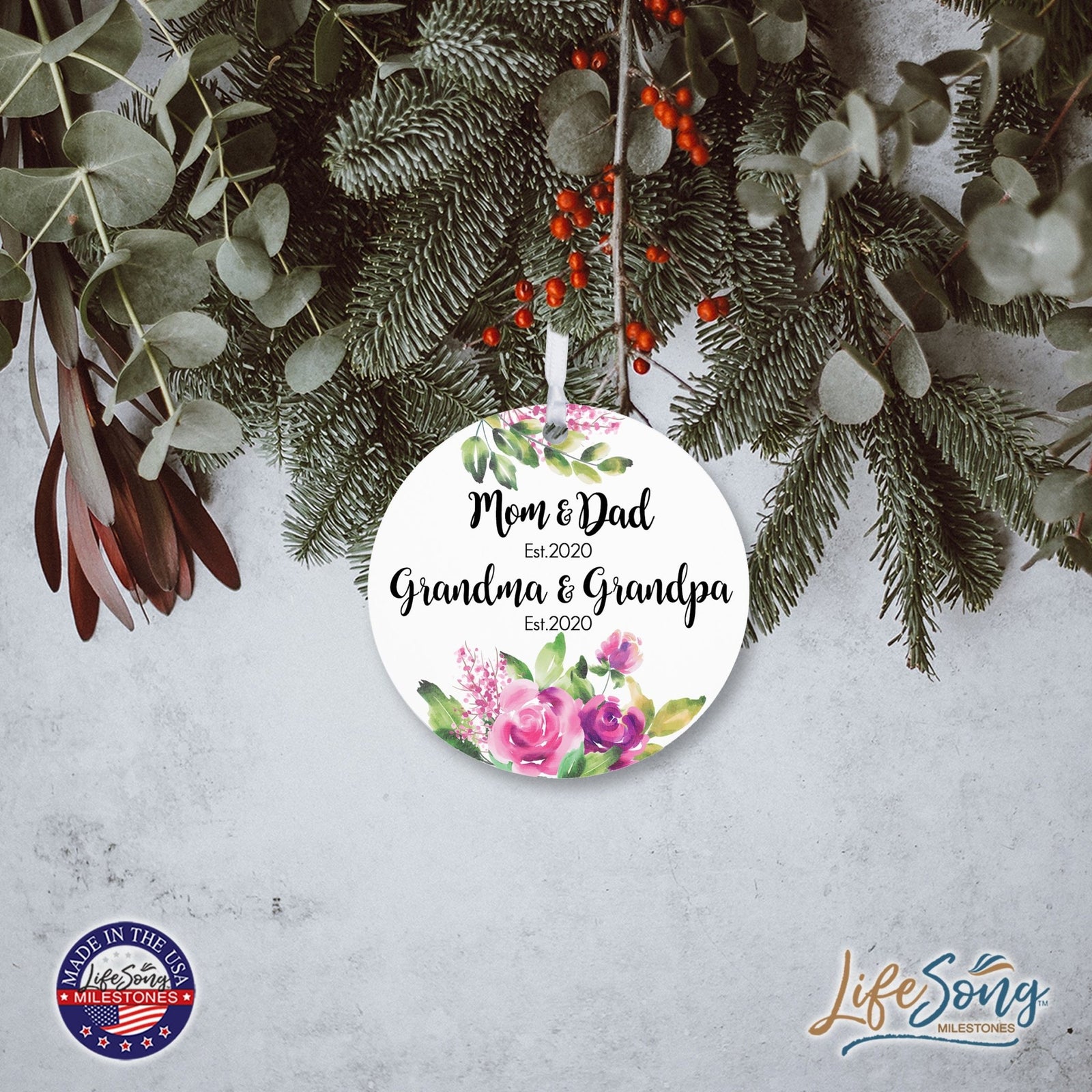 Personalized Modern 2.75in Christmas Round White Ornament for Grandparents - Mom & Dad - LifeSong Milestones