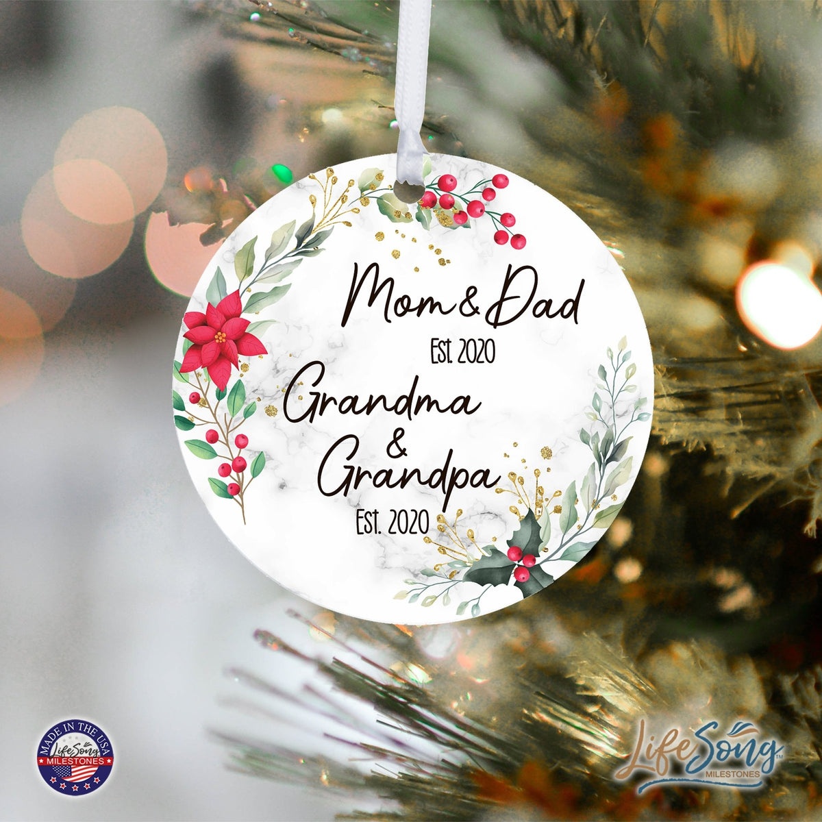 Personalized Modern 2.75in Christmas Round White Ornament for Grandparents - Mom & Dad - LifeSong Milestones