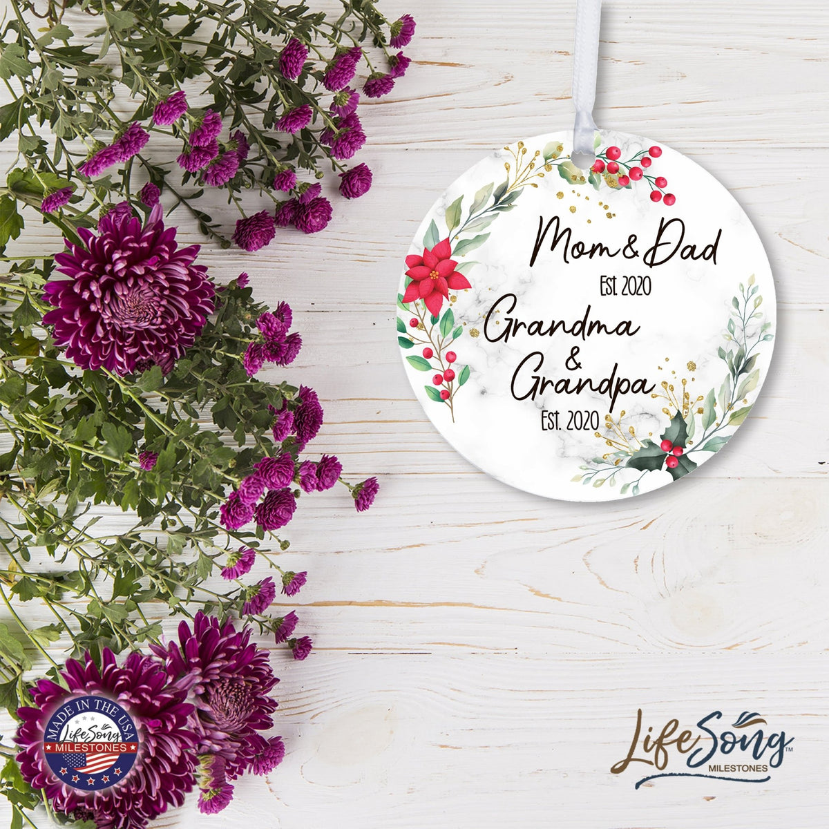 Personalized Modern 2.75in Christmas Round White Ornament for Grandparents - Mom & Dad - LifeSong Milestones