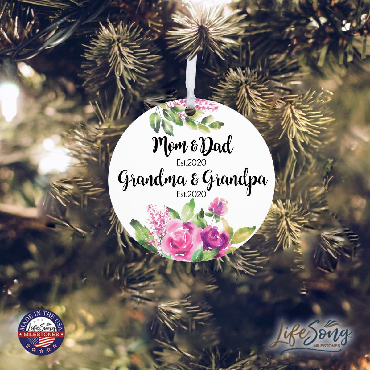 Personalized Modern 2.75in Christmas Round White Ornament for Grandparents - Mom & Dad - LifeSong Milestones