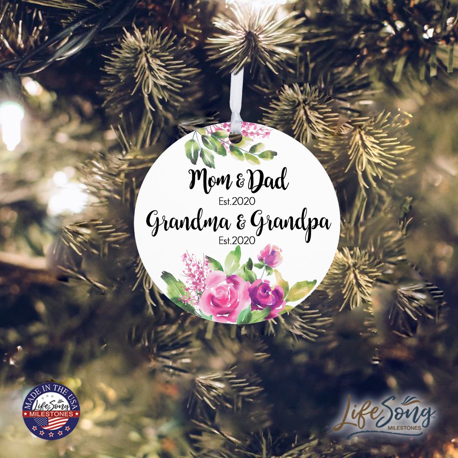 Personalized Modern 2.75in Christmas Round White Ornament for Grandparents - Mom & Dad - LifeSong Milestones