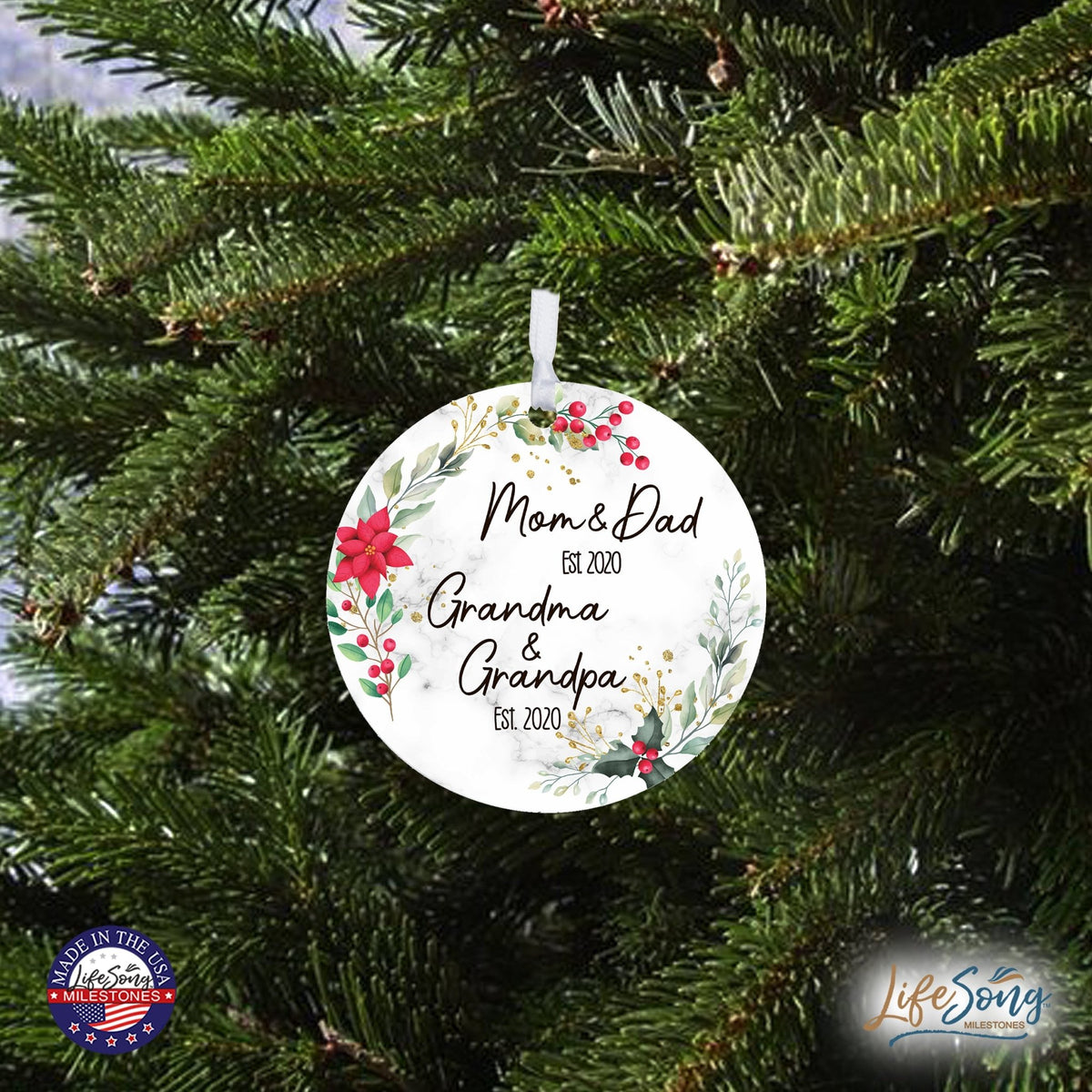Personalized Modern 2.75in Christmas Round White Ornament for Grandparents - Mom & Dad - LifeSong Milestones