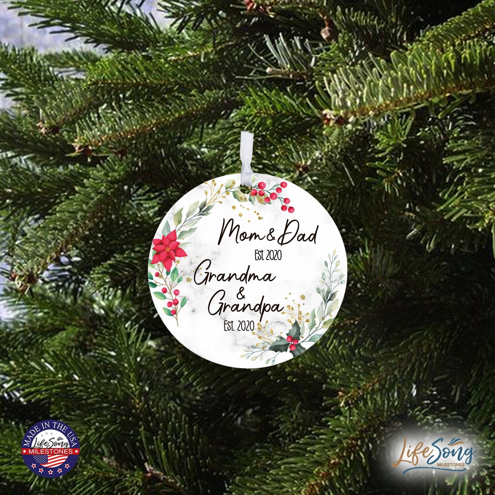 Personalized Modern 2.75in Christmas Round White Ornament for Grandparents - Mom & Dad - LifeSong Milestones