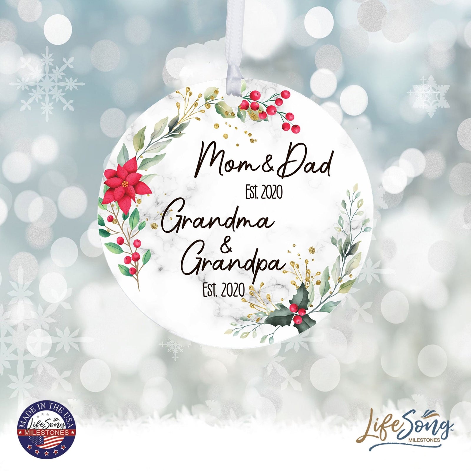 Personalized Modern 2.75in Christmas Round White Ornament for Grandparents - Mom & Dad - LifeSong Milestones