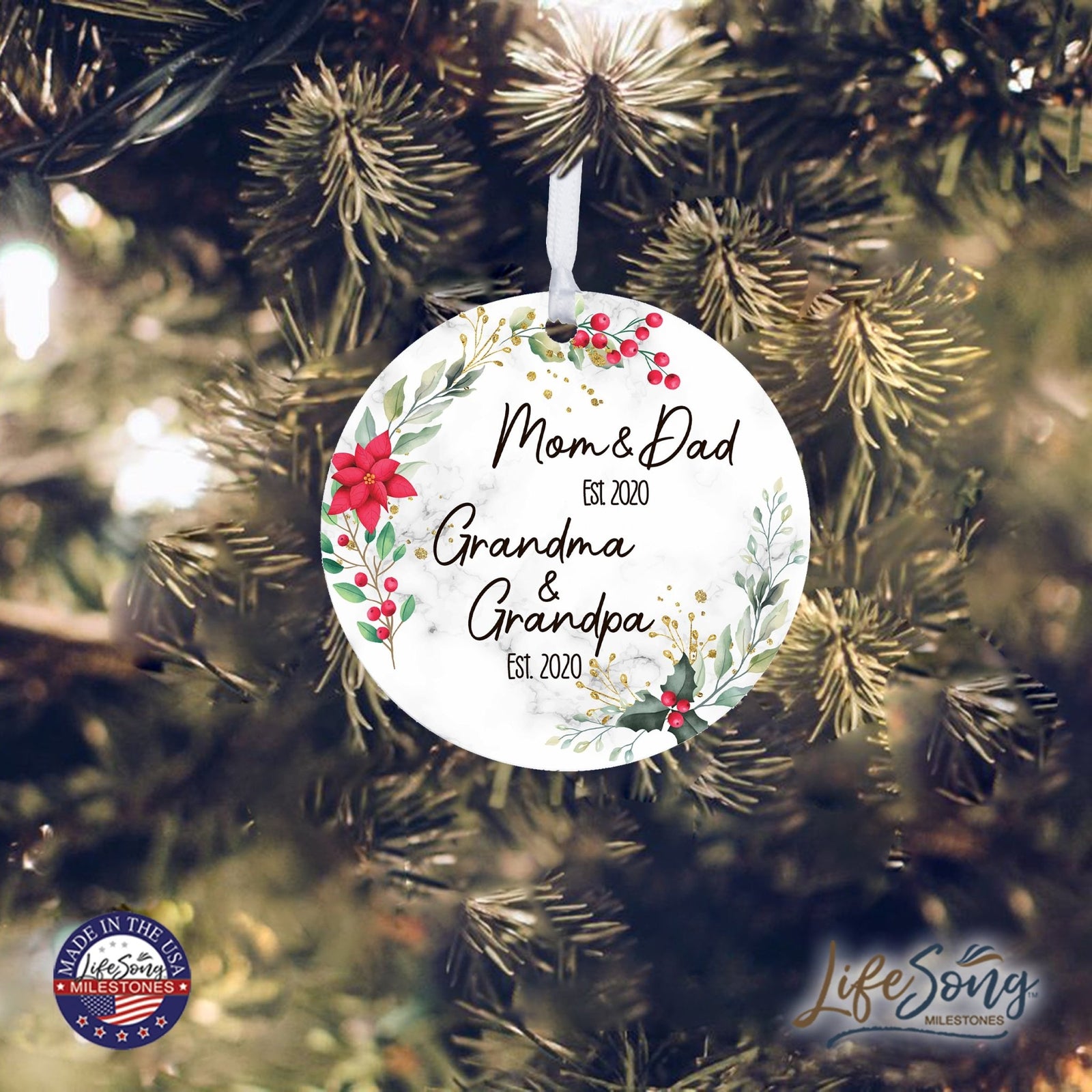 Personalized Modern 2.75in Christmas Round White Ornament for Grandparents - Mom & Dad - LifeSong Milestones