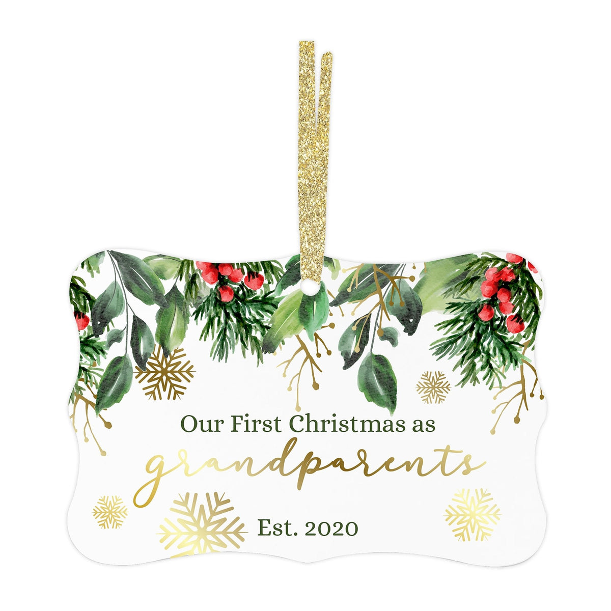 Personalized Modern 4x2.5in Christmas White Scalloped Ornament for Grandparents - Our First Christmas - LifeSong Milestones