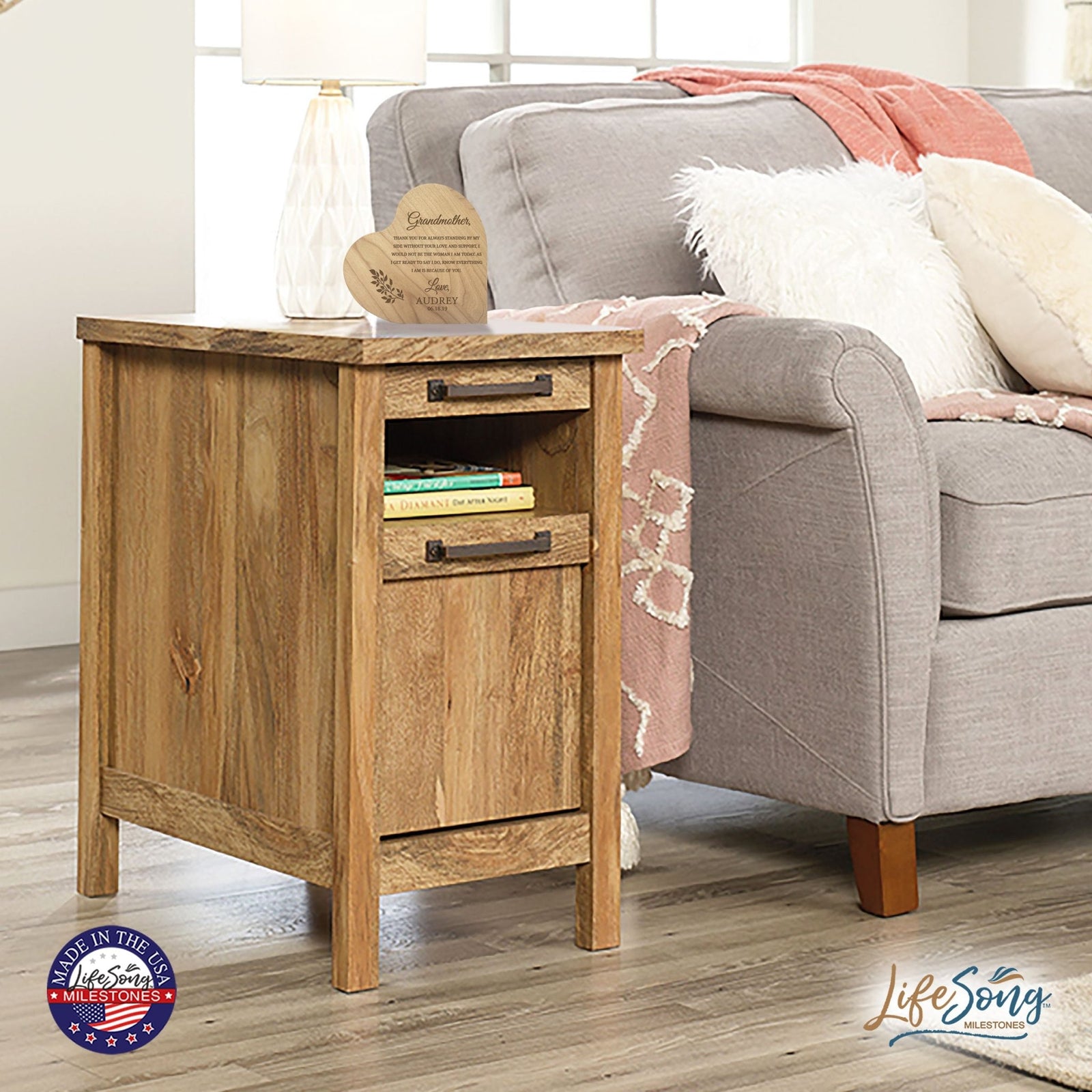 Personalized Modern Grandmother’s Love Solid Wood Heart Decoration With Inspirational Verse Keepsake Gift 5x5.25 - Grandmom, Thank You For Always = Love And Support - LifeSong Milestones