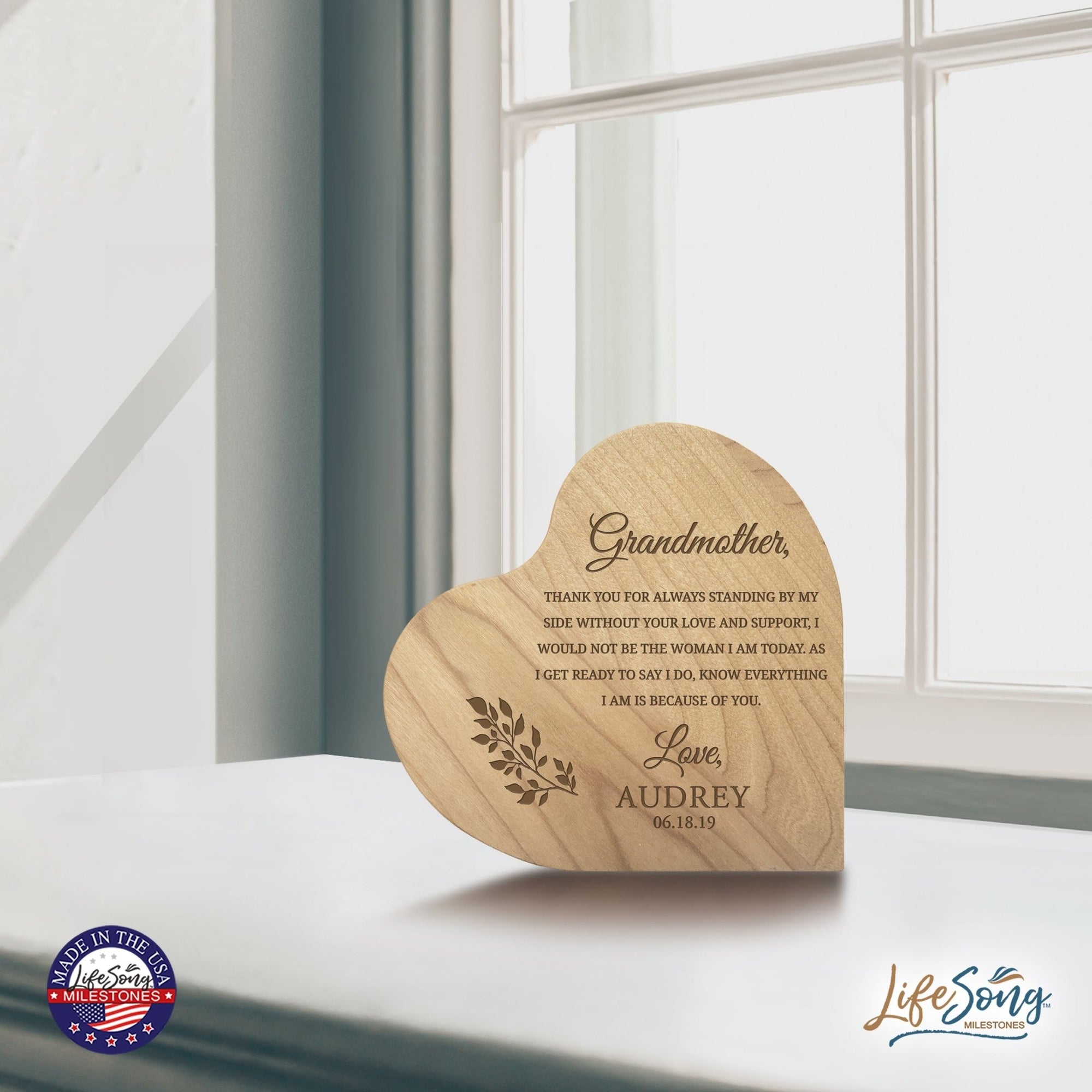 Personalized Modern Grandmother’s Love Solid Wood Heart Decoration With Inspirational Verse Keepsake Gift 5x5.25 - Grandmom, Thank You For Always = Love And Support - LifeSong Milestones