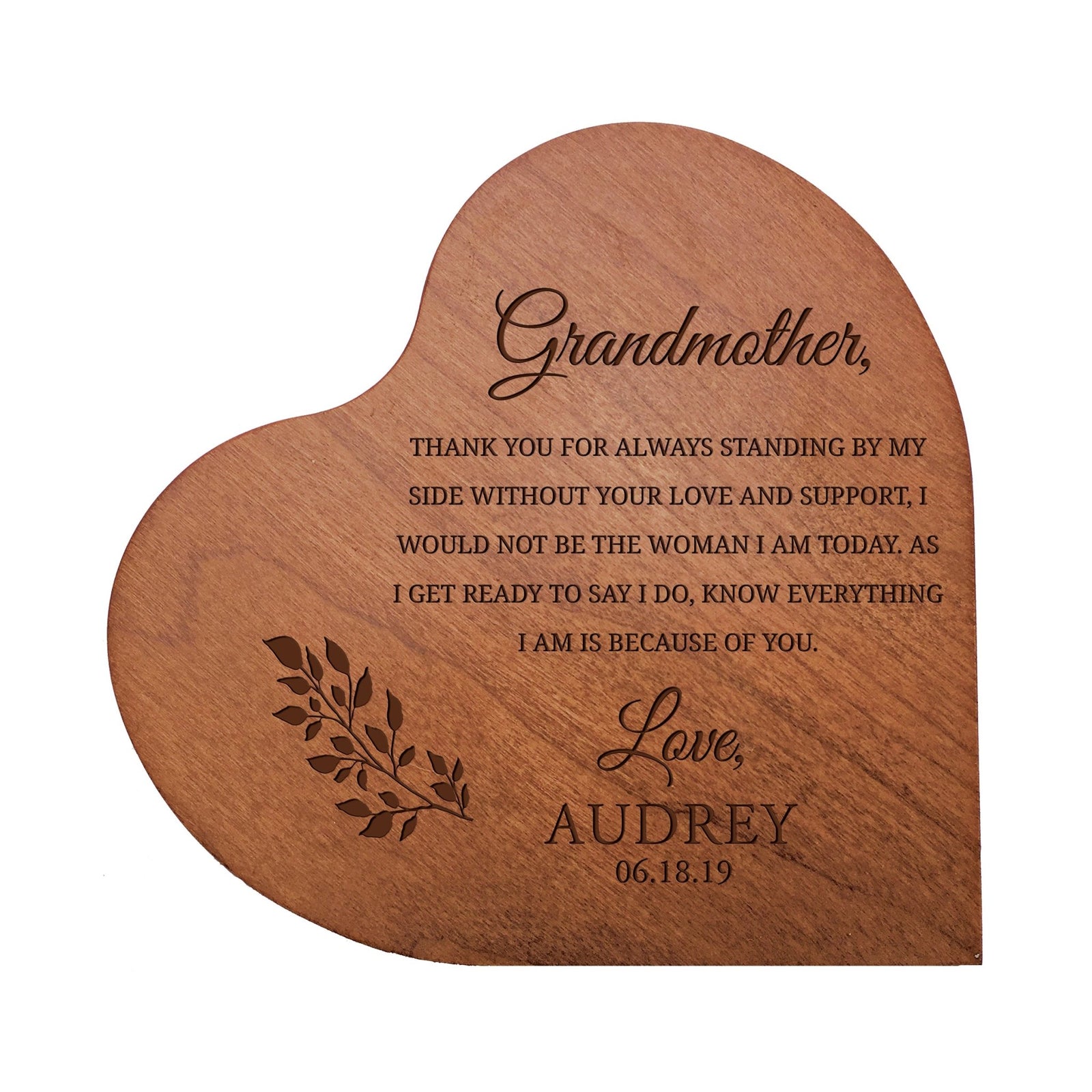 Personalized Modern Grandmother’s Love Solid Wood Heart Decoration With Inspirational Verse Keepsake Gift 5x5.25 - Grandmom, Thank You For Always = Love And Support - LifeSong Milestones