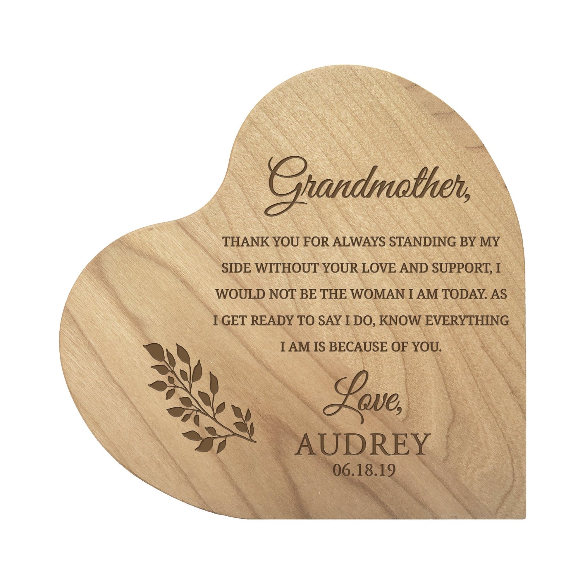 Personalized Modern Grandmother’s Love Solid Wood Heart Decoration With Inspirational Verse Keepsake Gift 5x5.25 - Grandmom, Thank You For Always = Love And Support - LifeSong Milestones