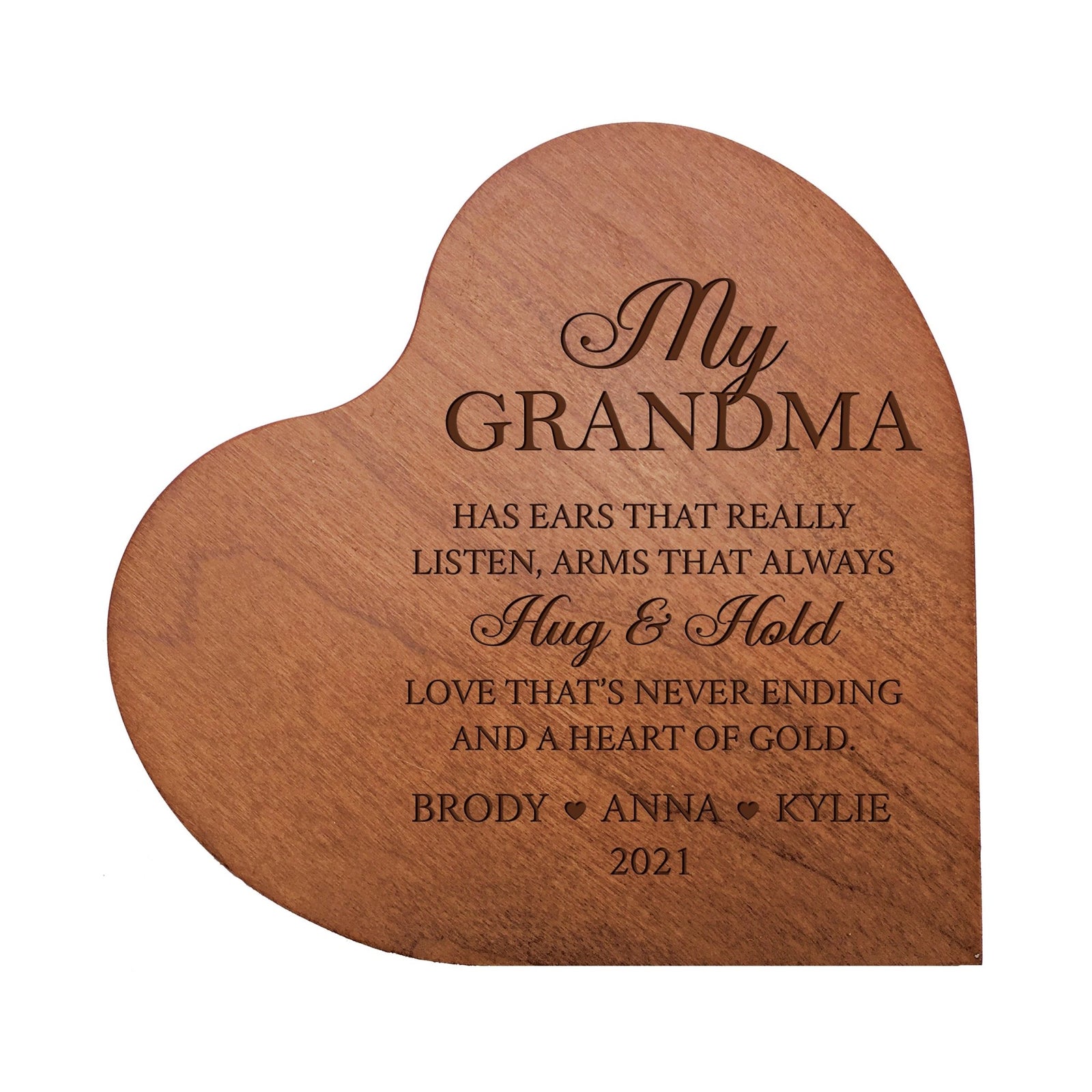 Personalized Modern Grandmother’s Love Solid Wood Heart Decoration With Inspirational Verse Keepsake Gift 5x5.25 - My Grandma Has Ears That Really - LifeSong Milestones